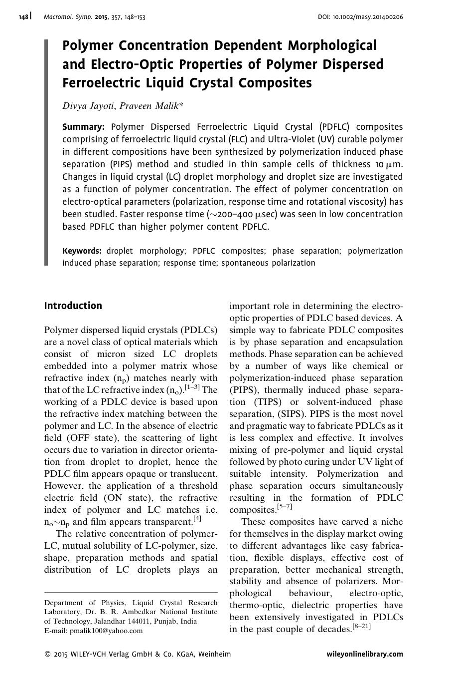 Polymer Concentration Dependent Morphological and Electro-Optic Properties of Polymer Dispersed Ferroelectric Liquid Crystal Composites by Unknown