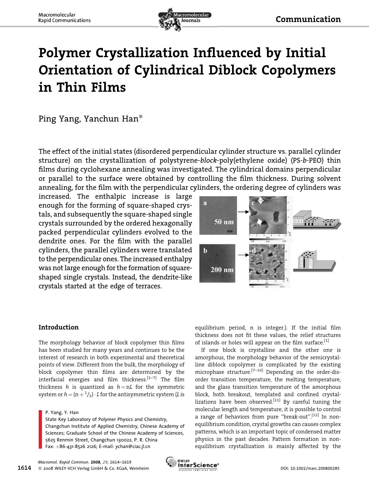 Polymer Crystallization Influenced by Initial Orientation of Cylindrical Diblock Copolymers in Thin Films by Unknown