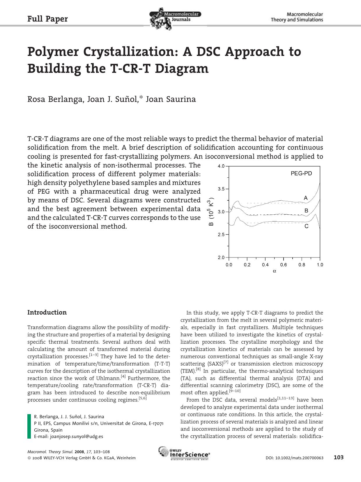 Polymer Crystallization: A DSC Approach to Building the T-CR-T Diagram by Unknown