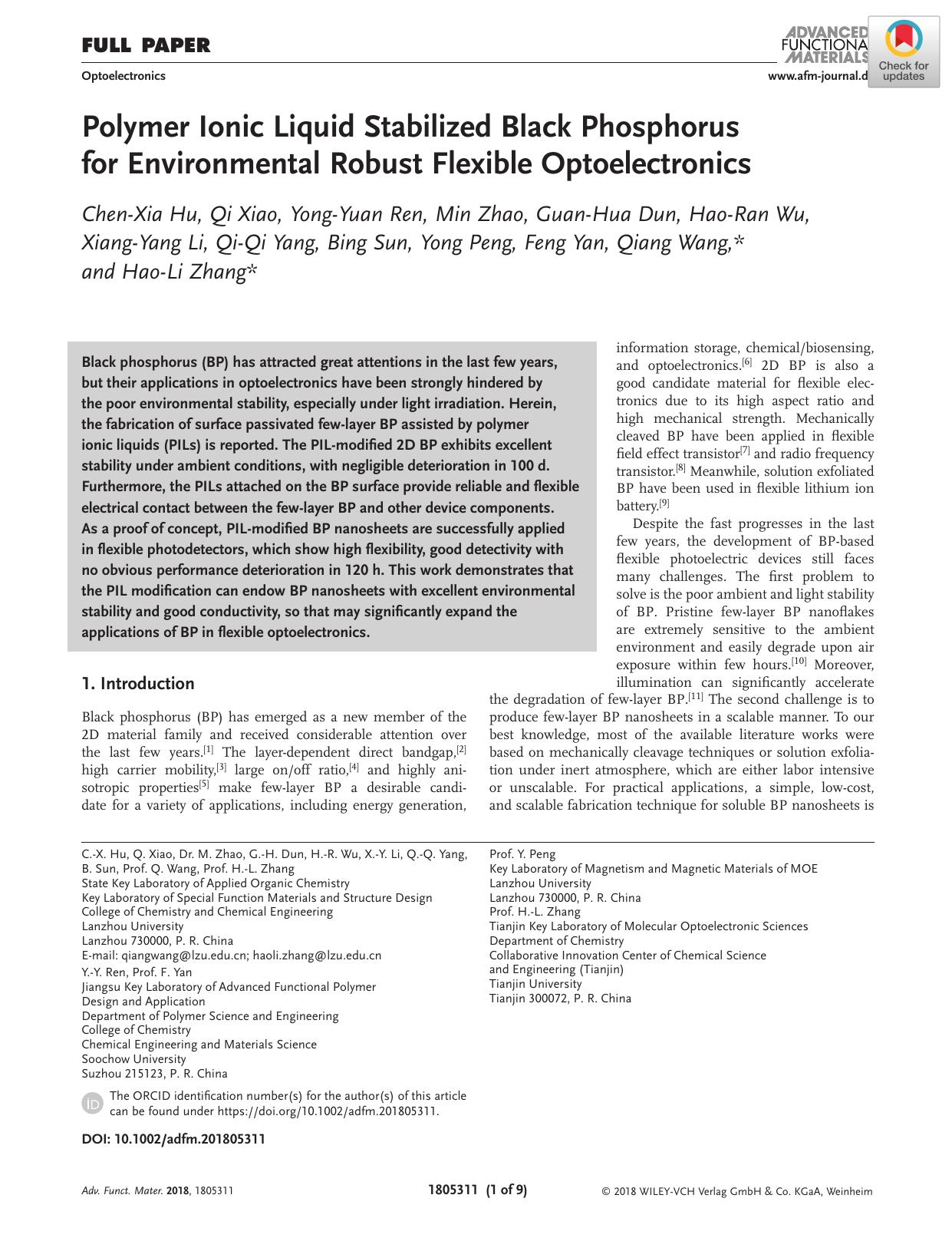 Polymer Ionic Liquid Stabilized Black Phosphorus for Environmental Robust Flexible Optoelectronics by Unknown