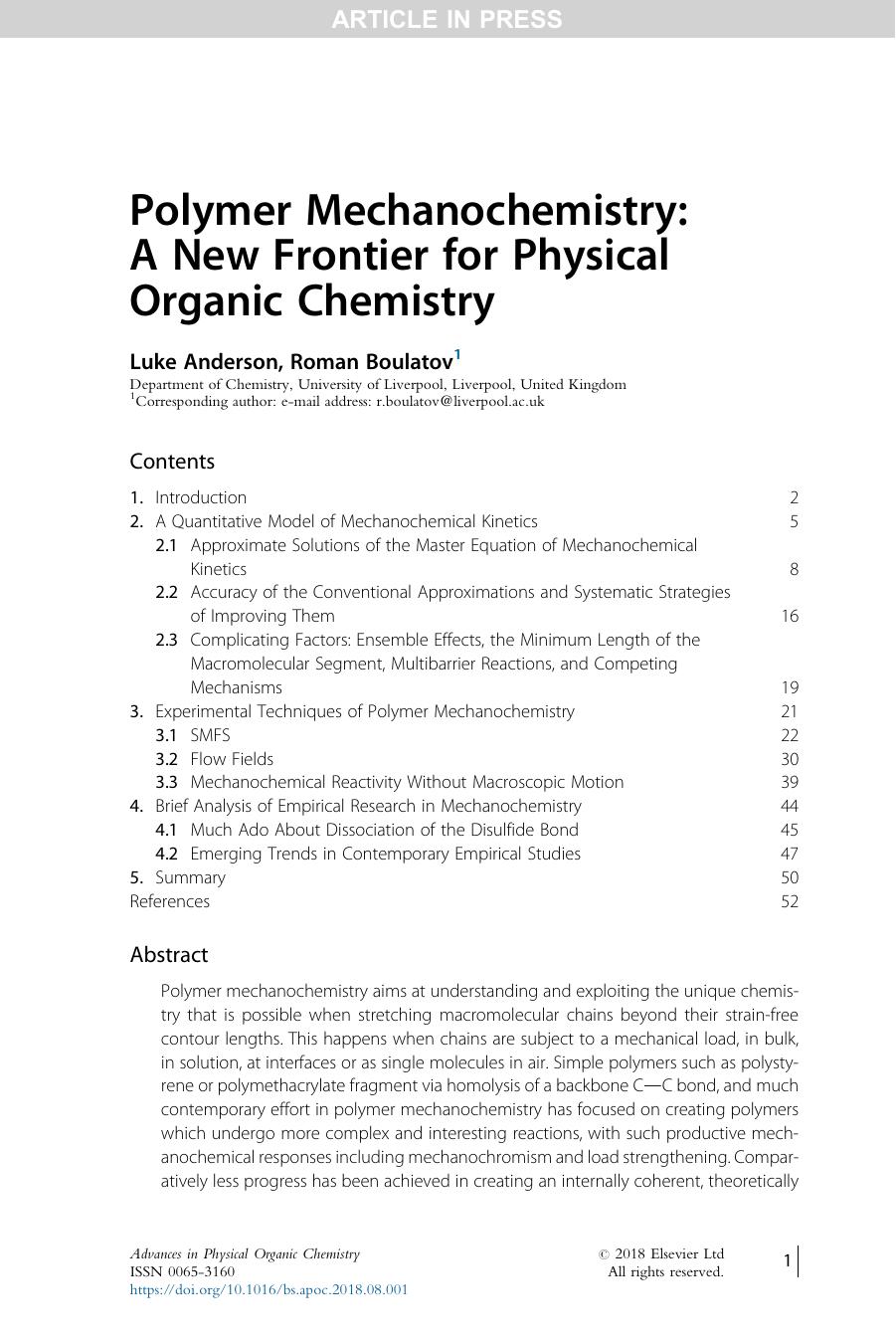 Polymer Mechanochemistry: A New Frontier for Physical Organic Chemistry by Luke Anderson & Roman Boulatov