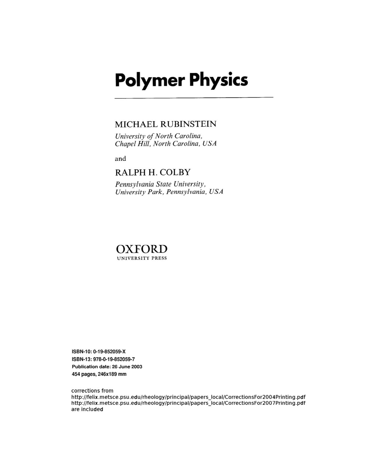 Polymer Physics Chemistry by M. Rubinstein Ralph H. Colby