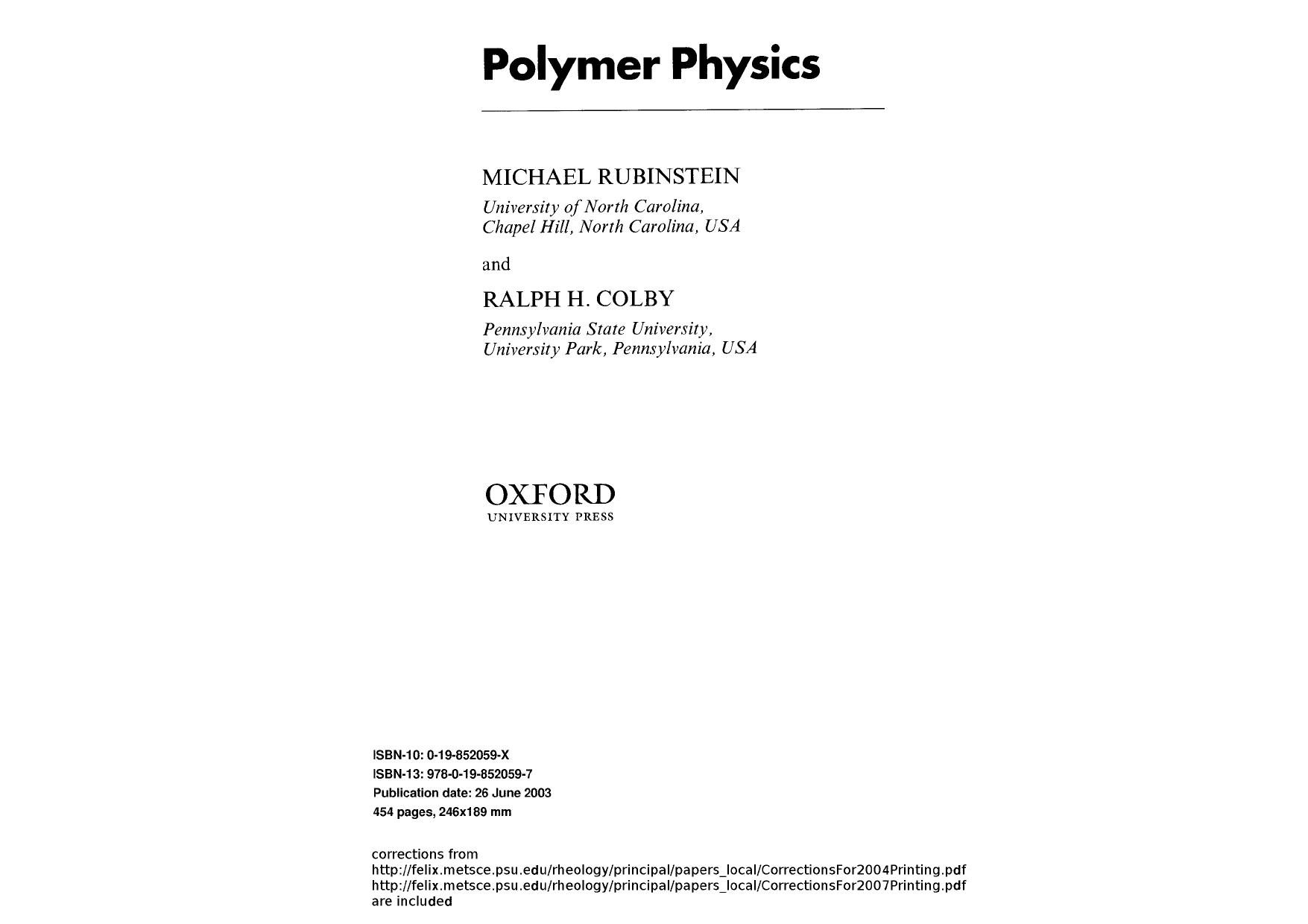Polymer Physics by Rubinstein Michael Colby Ralph H