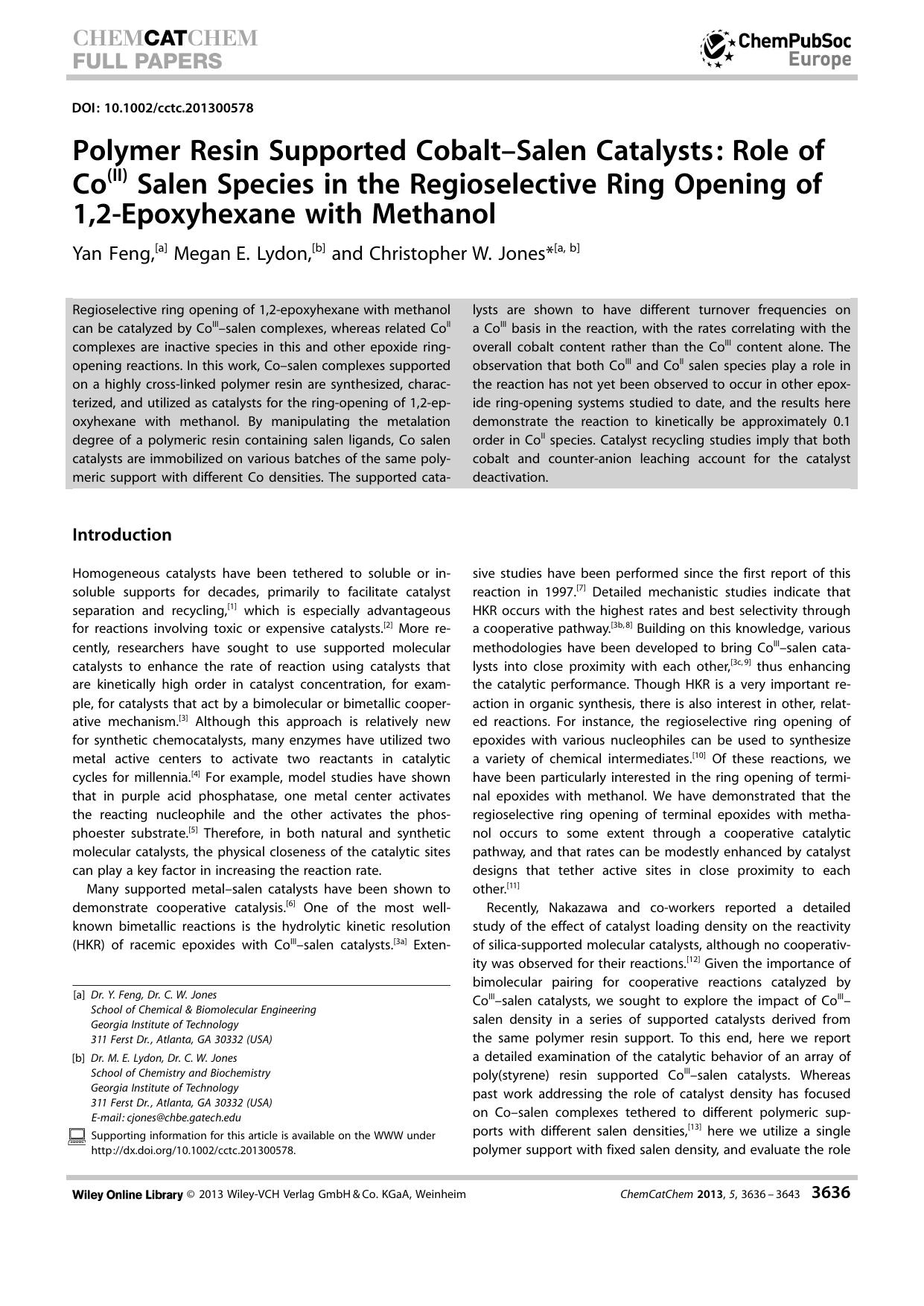 Polymer Resin Supported CobaltSalen Catalysts: Role of Co(II) Salen Species in the Regioselective Ring Opening of 1,2Epoxyhexane with Methanol by Unknown