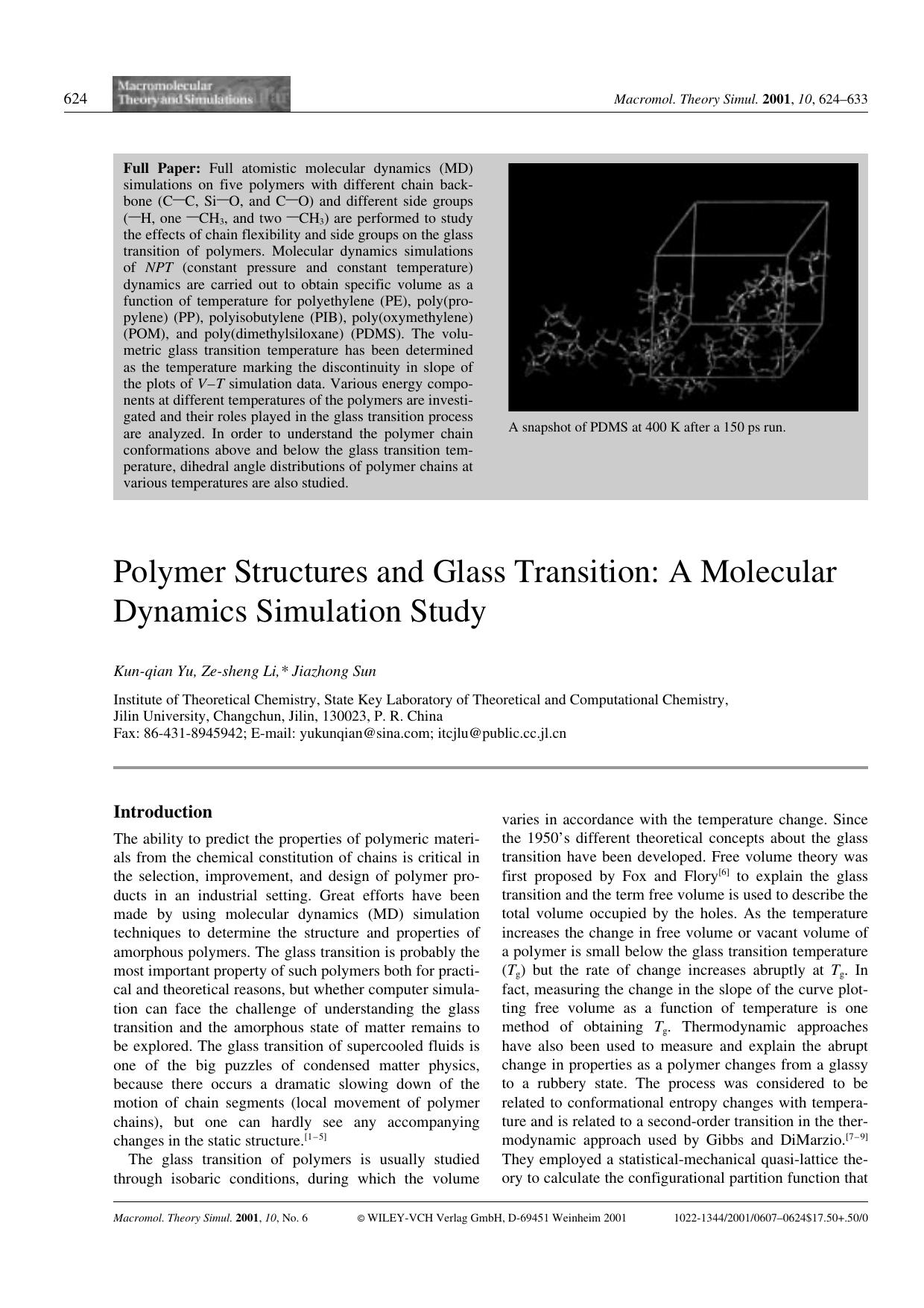 Polymer Structures and Glass Transition: A Molecular Dynamics Simulation Study by Unknown