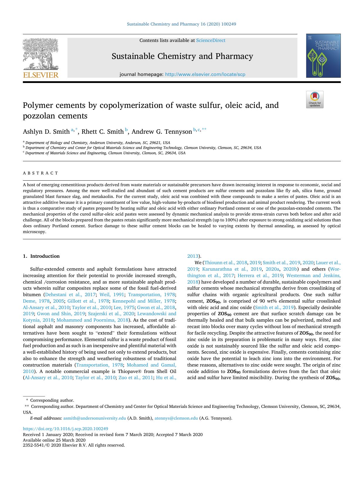 Polymer cements by copolymerization of waste sulfur, oleic acid, and pozzolan cements by Ashlyn D. Smith & Rhett C. Smith & Andrew G. Tennyson