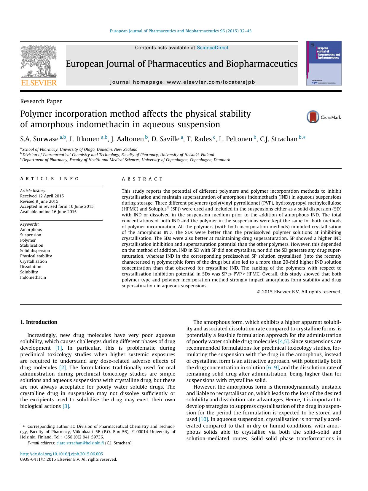 Polymer incorporation method affects the physical stability of amorphous indomethacin in aqueous suspension by S.A. Surwase & L. Itkonen & J. Aaltonen & D. Saville & T. Rades & L. Peltonen & C.J. Strachan