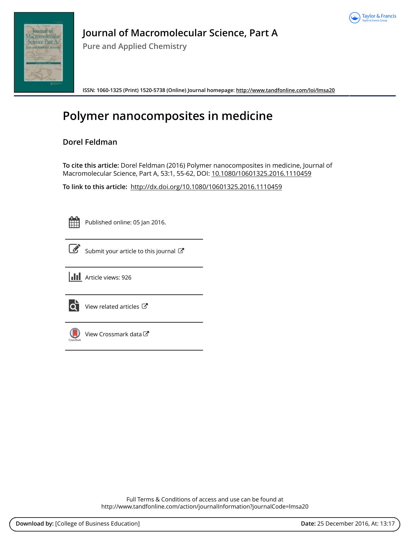 Polymer nanocomposites in medicine by Dorel Feldman