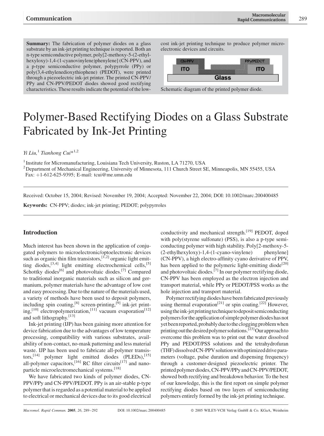 Polymer-Based Rectifying Diodes on a Glass Substrate Fabricated by Ink-Jet Printing by Unknown