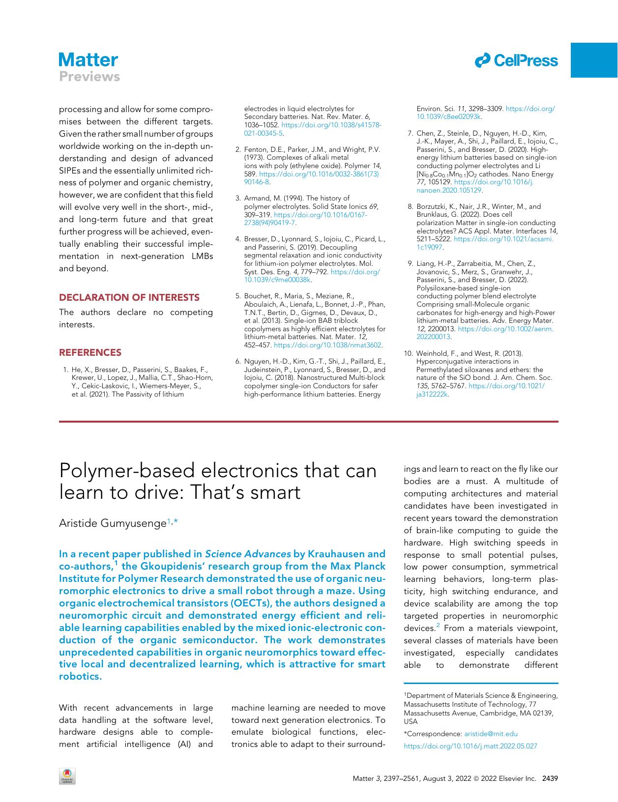 Polymer-based electronics that can learn to drive. Thatâs smart by Aristide Gumyusenge