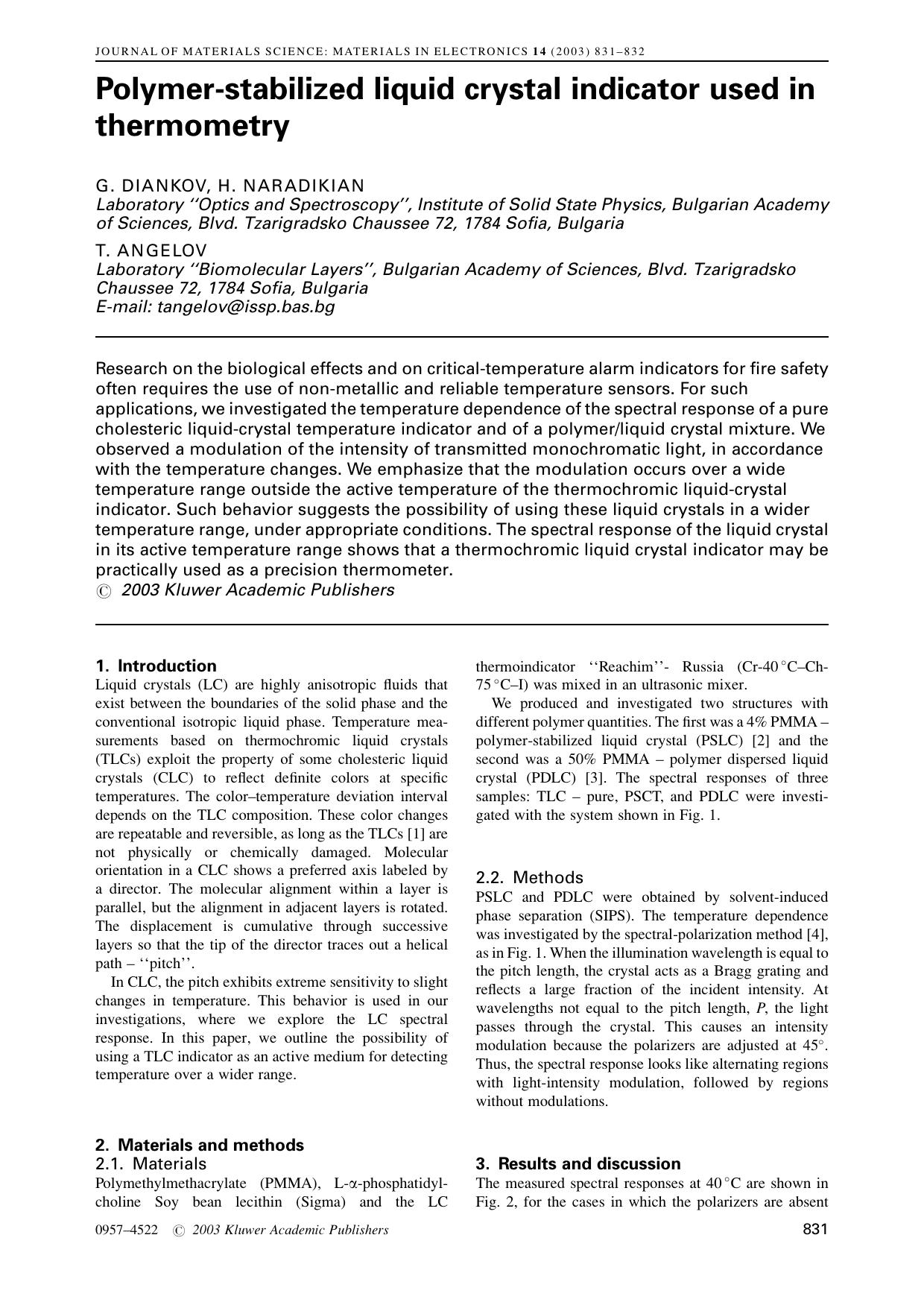 Polymer-stabilized liquid crystal indicator used in thermometry by Unknown