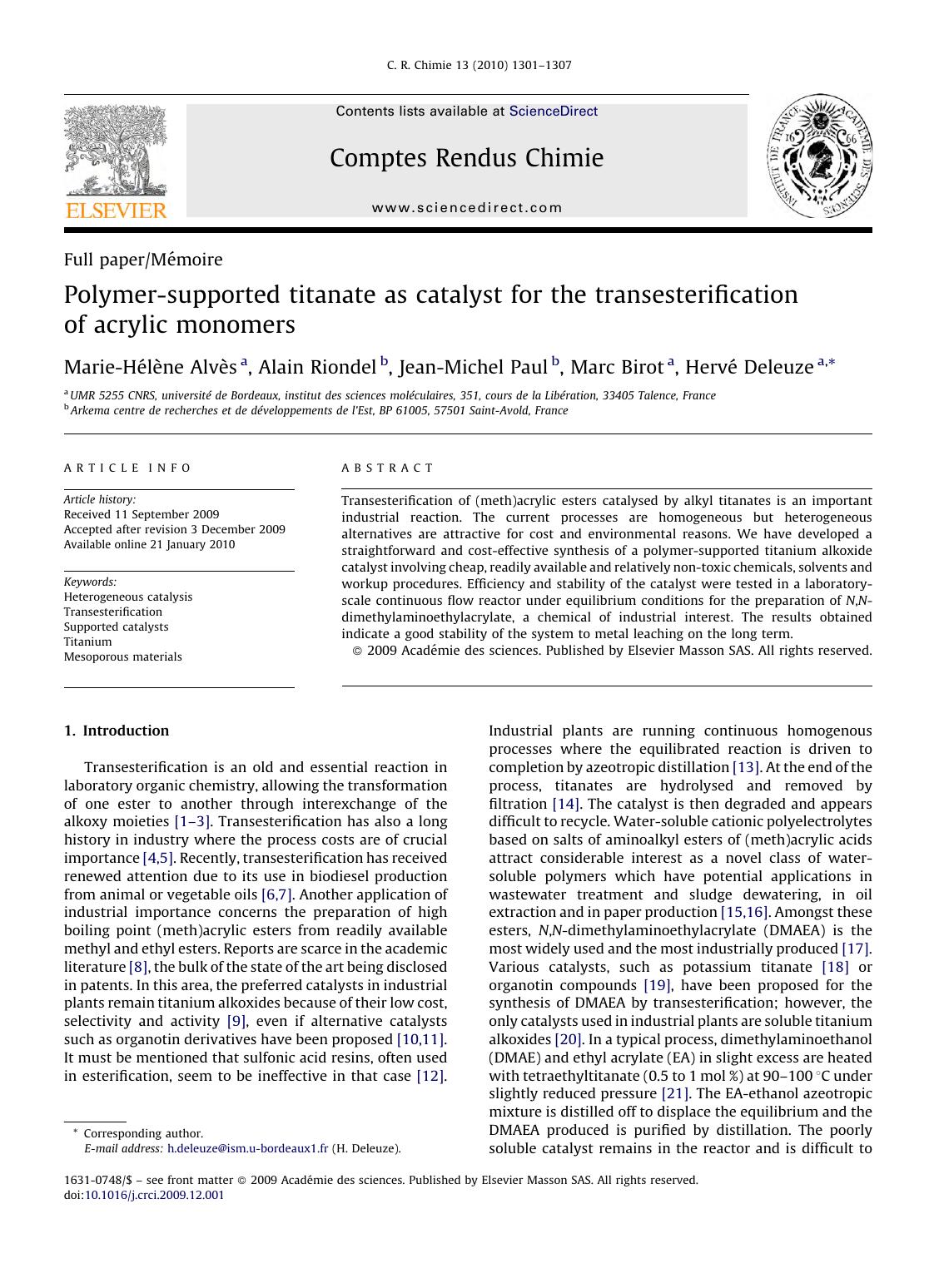 Polymer-supported titanate as catalyst for the transesterification of acrylic monomers by Marie-HÃ©lÃ¨ne AlvÃ¨s