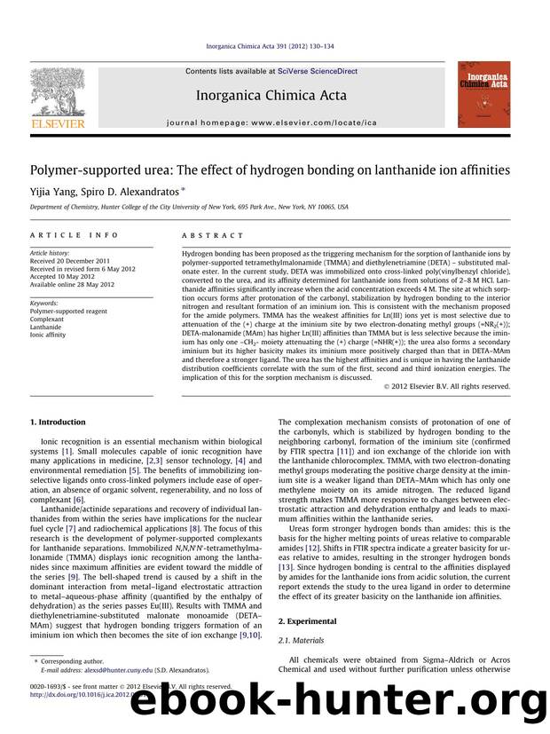 Polymer-supported urea: The effect of hydrogen bonding on lanthanide ion affinities by Yijia Yang & Spiro D. Alexandratos