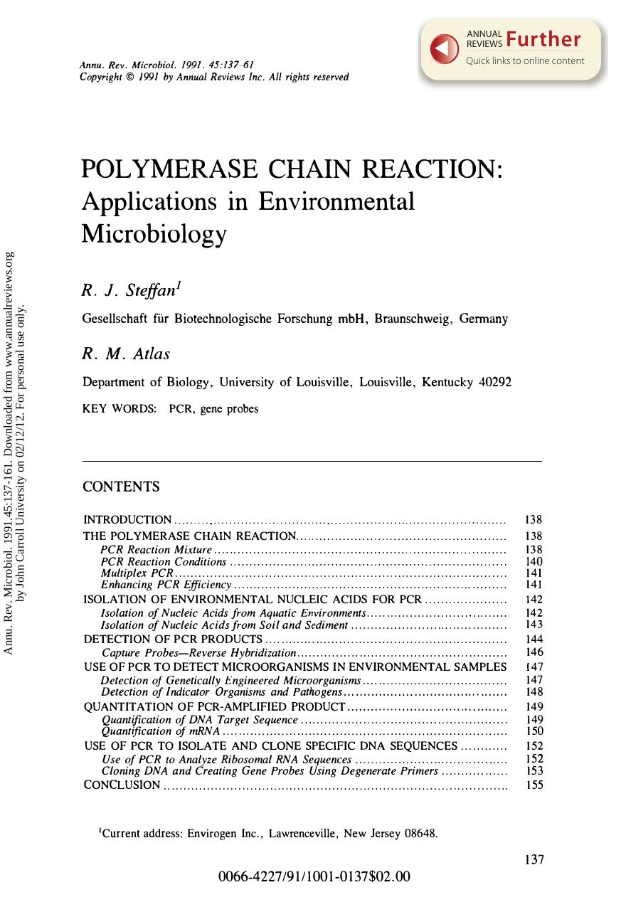 Polymerase Chain Reaction: Applications in Environmental Microbiology by R J Steffan & R M Atlas