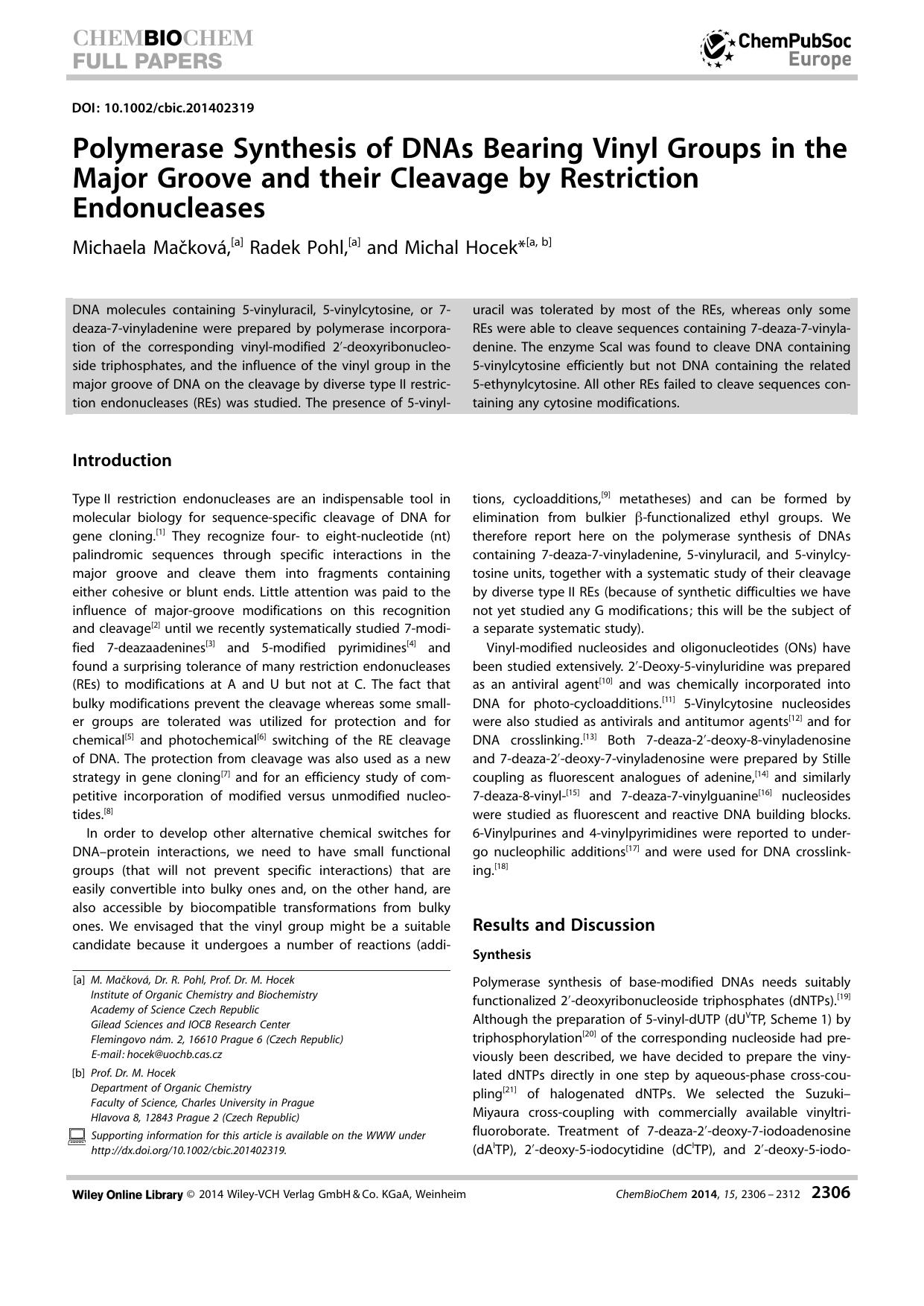 Polymerase Synthesis of DNAs Bearing Vinyl Groups in the Major Groove and their Cleavage by Restriction Endonucleases by Unknown