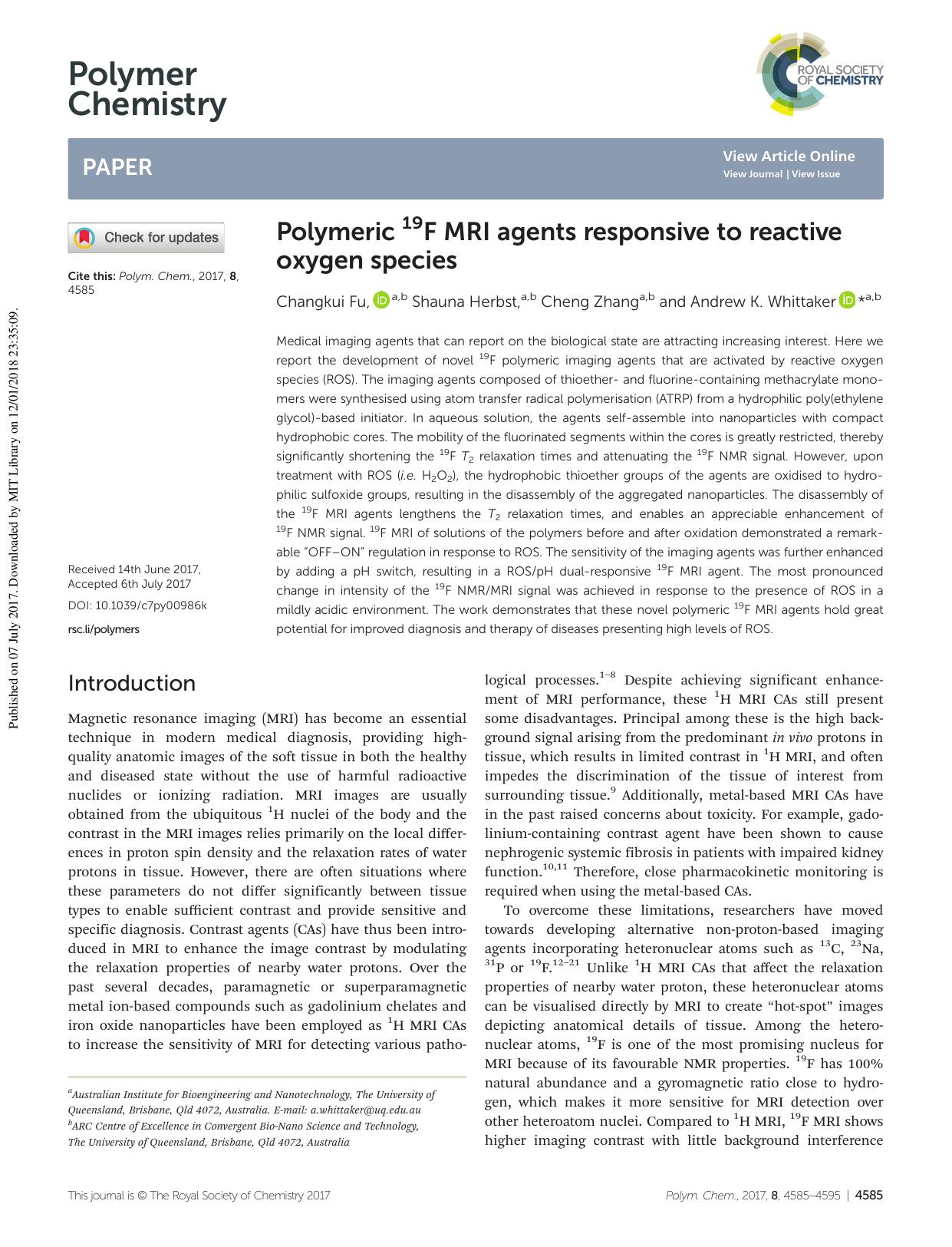 Polymeric 19F MRI agents responsive to reactive oxygen species by Changkui Fu Shauna Herbst Cheng Zhang Andrew K. Whittaker