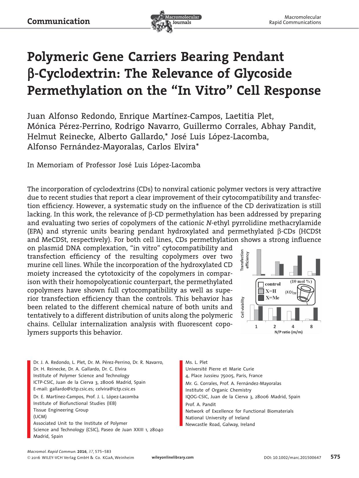 Polymeric Gene Carriers Bearing Pendant &#x003B2;&#x02010;Cyclodextrin: The Relevance of Glycoside Permethylation on the &#x0201C;In Vitro&#x0201D; Cell Response by Unknown