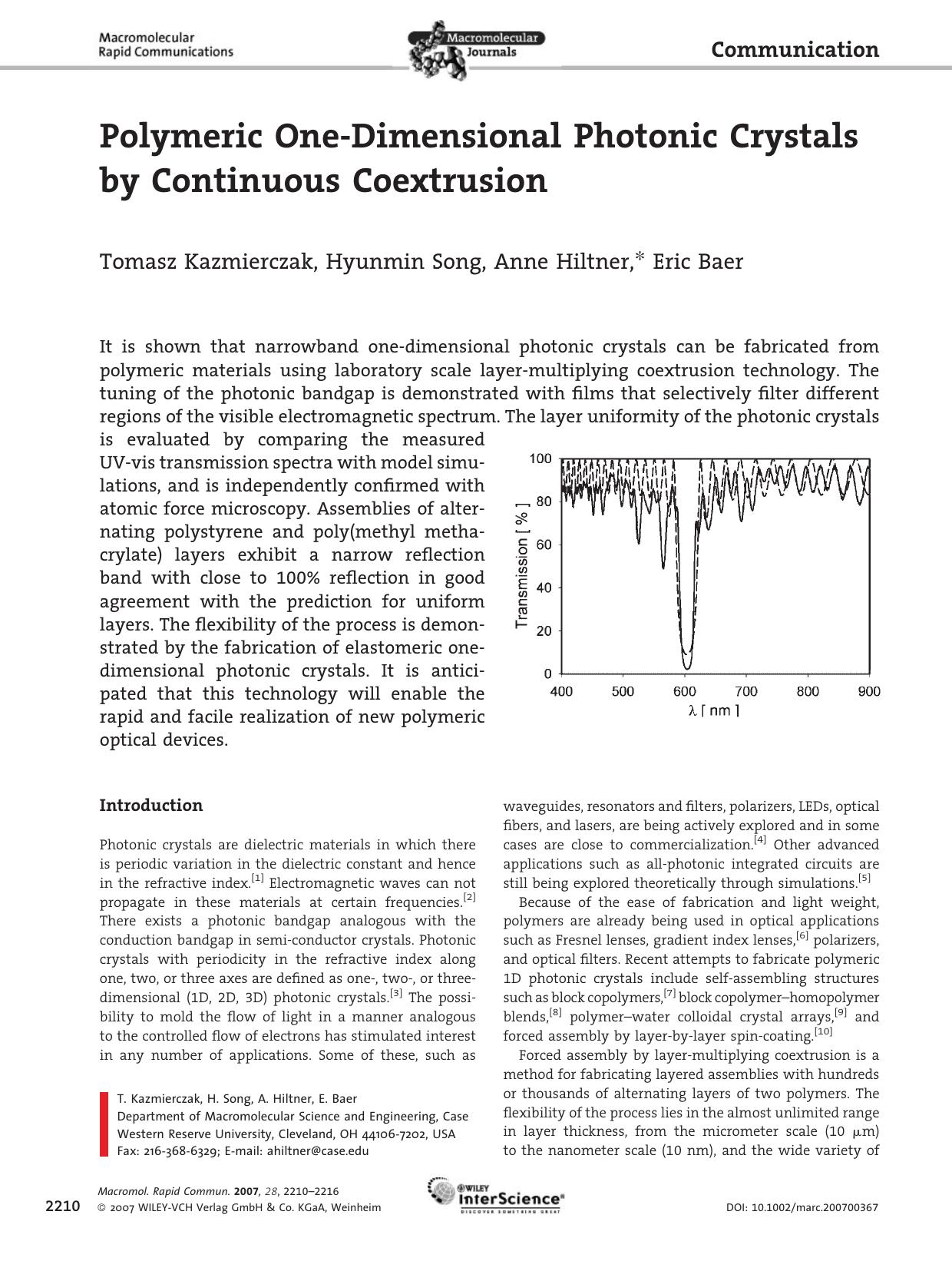 Polymeric OneDimensional Photonic Crystals by Continuous Coextrusion by Unknown