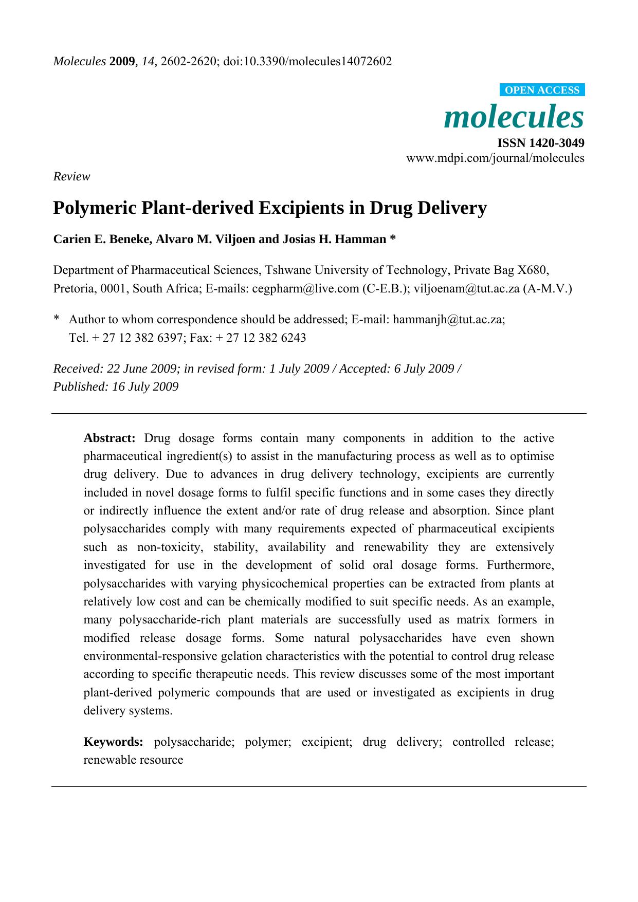 Polymeric Plant-derived Excipients in Drug Delivery by Carien E. Beneke & Alvaro M. Viljoen & Josias H. Hamman