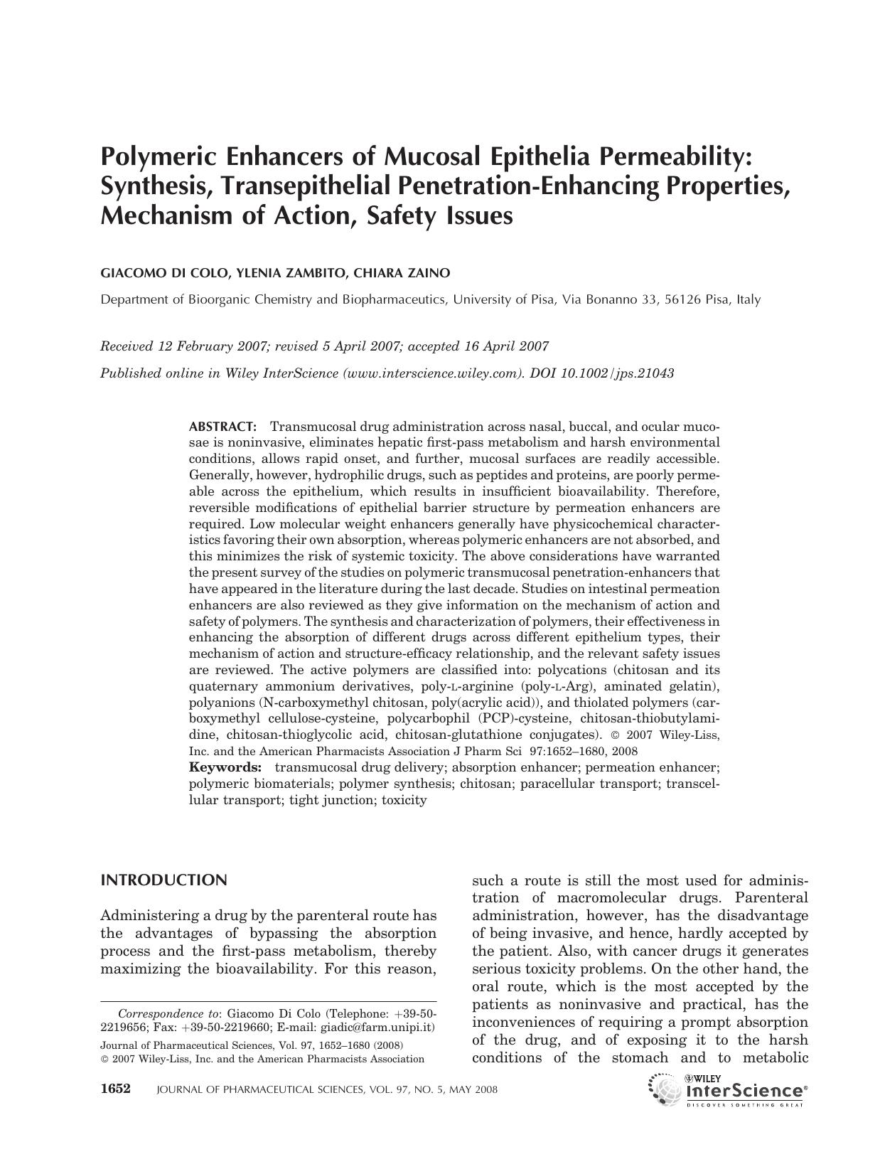 Polymeric enhancers of mucosal epithelia permeability: Synthesis, transepithelial penetration-enhancing properties, mechanism of action, safety issues by Unknown