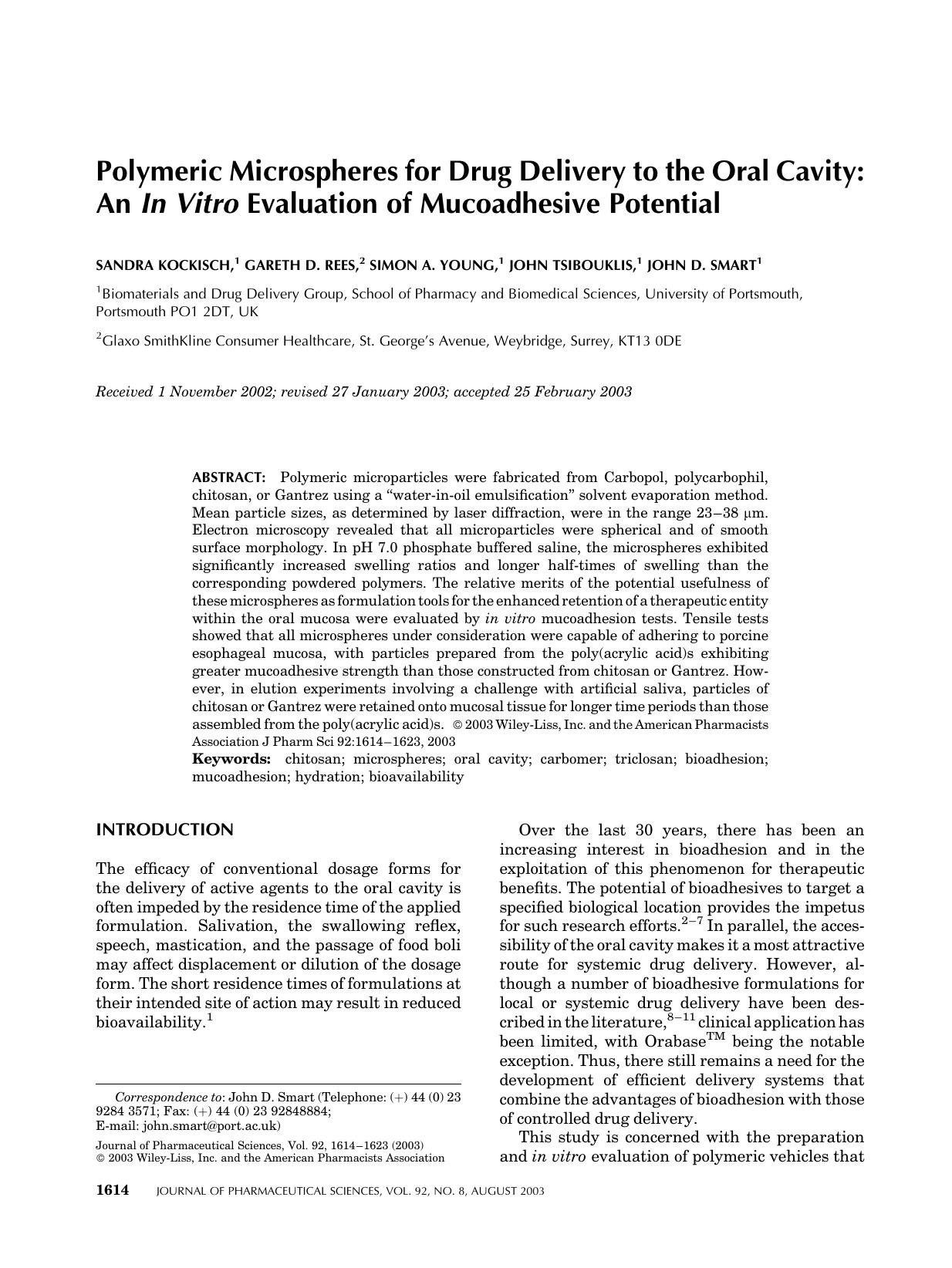 Polymeric microspheres for drug delivery to the oral cavity: An in vitro evaluation of mucoadhesive potential by Unknown