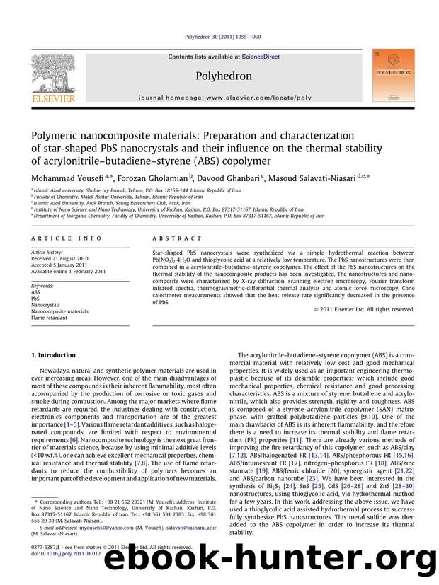 Polymeric nanocomposite materials: Preparation and characterization of star-shaped PbS nanocrystals and their influence on the thermal stability of acrylonitrileÃ¢â¬âbutadieneÃ¢ by Mohammad Yousefi & Forozan Gholamian & Davood Ghanbari & Masoud Salavati-Niasari