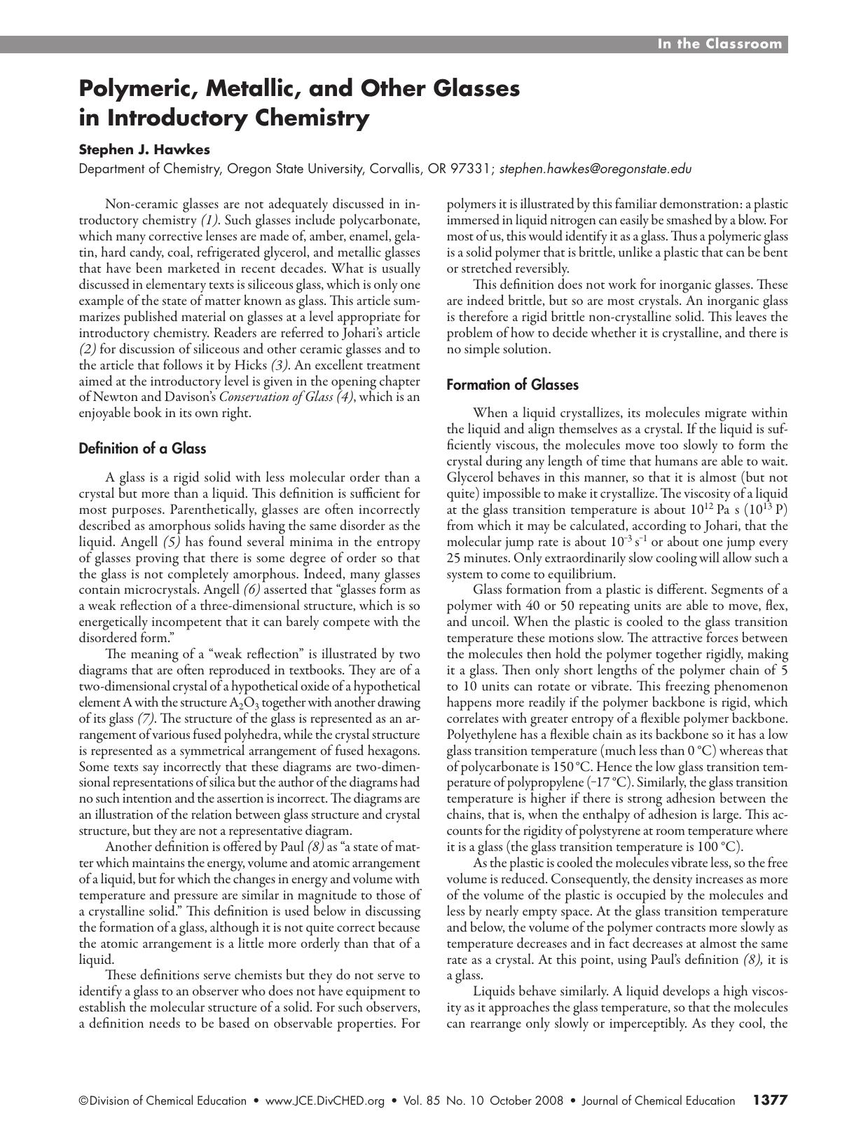 Polymeric, Metallic and Other Glasses in Introductory Chemistry by Stephen J. Hawkes