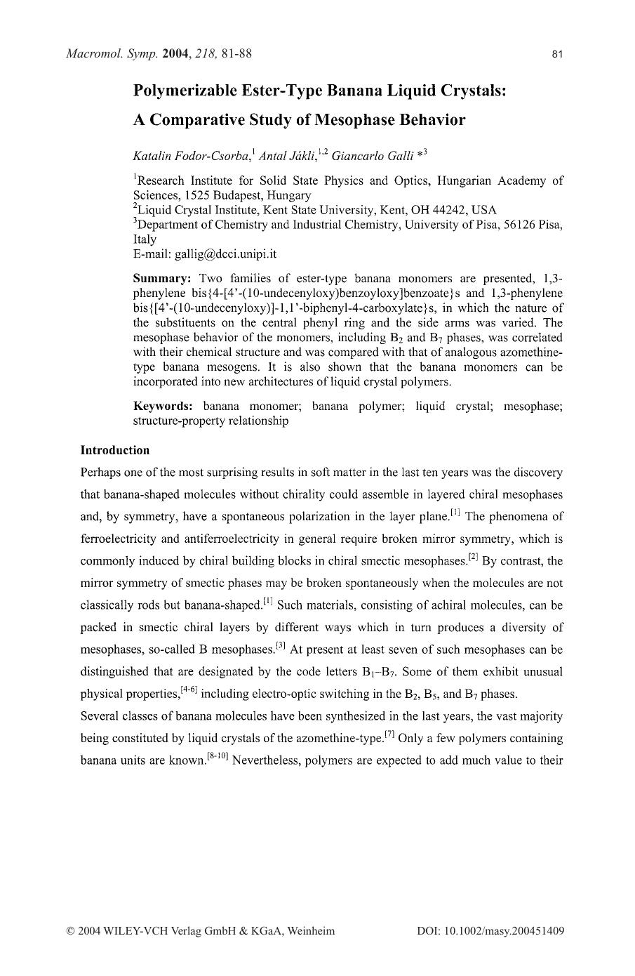 Polymerizable Ester-Type Banana Liquid Crystals[colon] A Comparative Study of Mesophase Behavior by Unknown