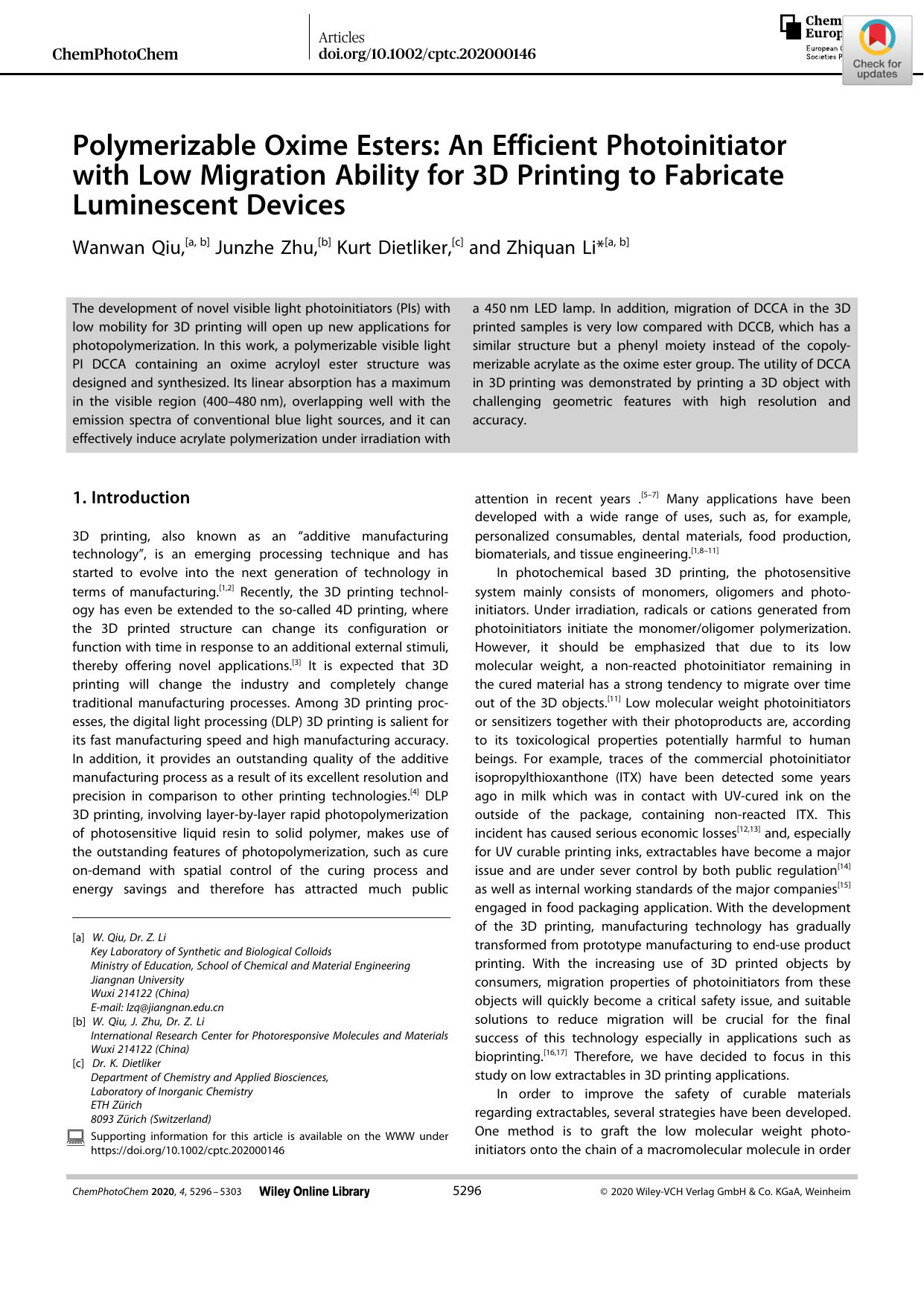 Polymerizable Oxime Esters: An Efficient Photoinitiator with Low Migration Ability for 3D Printing to Fabricate Luminescent Devices by Unknown