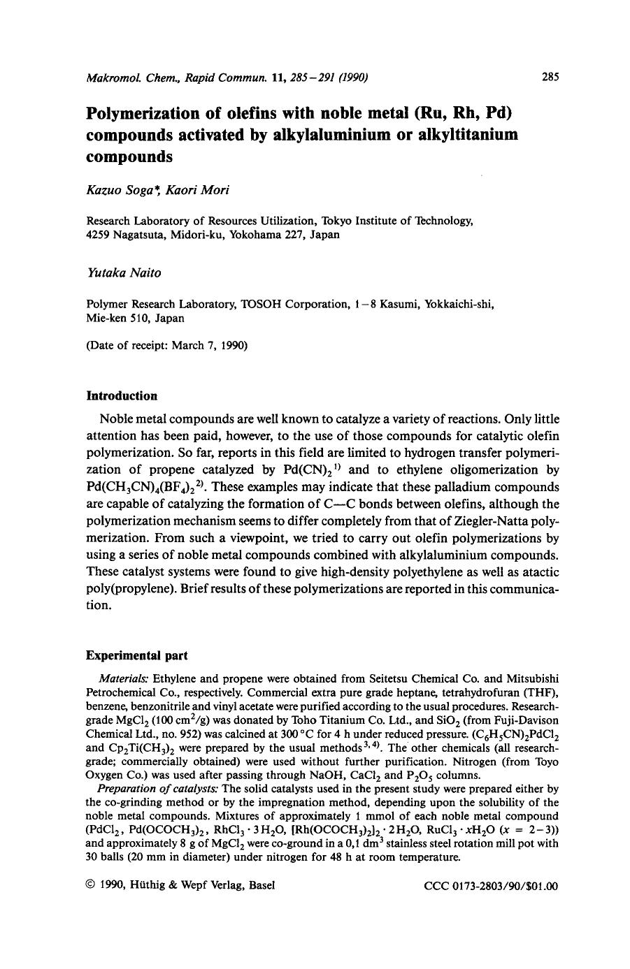 Polymerization of olefins with noble metal (Ru, Rh, Pd) compounds activated by alkylaluminium or alkyltitanium compounds by Unknown