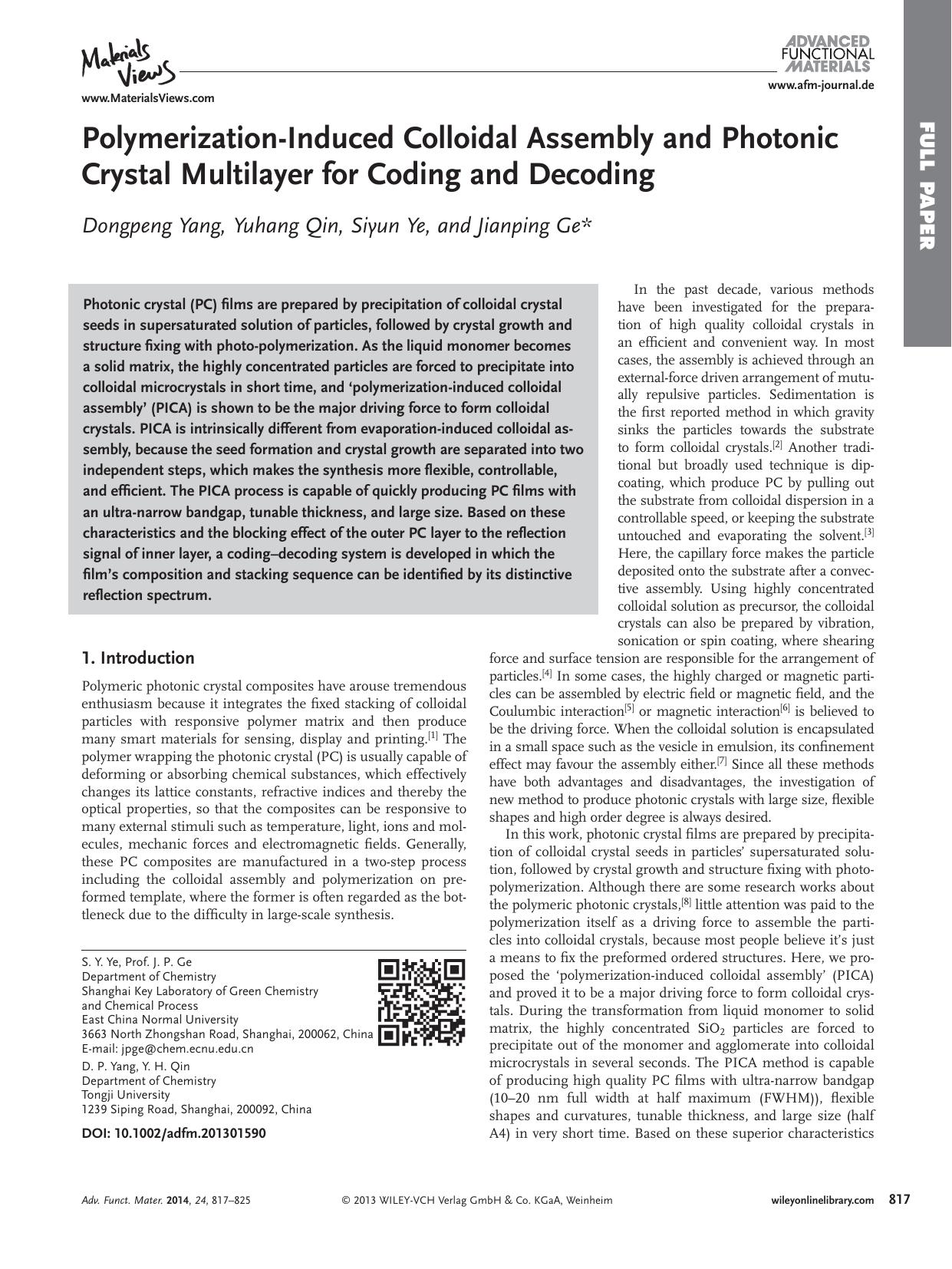 PolymerizationInduced Colloidal Assembly and Photonic Crystal Multilayer for Coding and Decoding by s-w-270