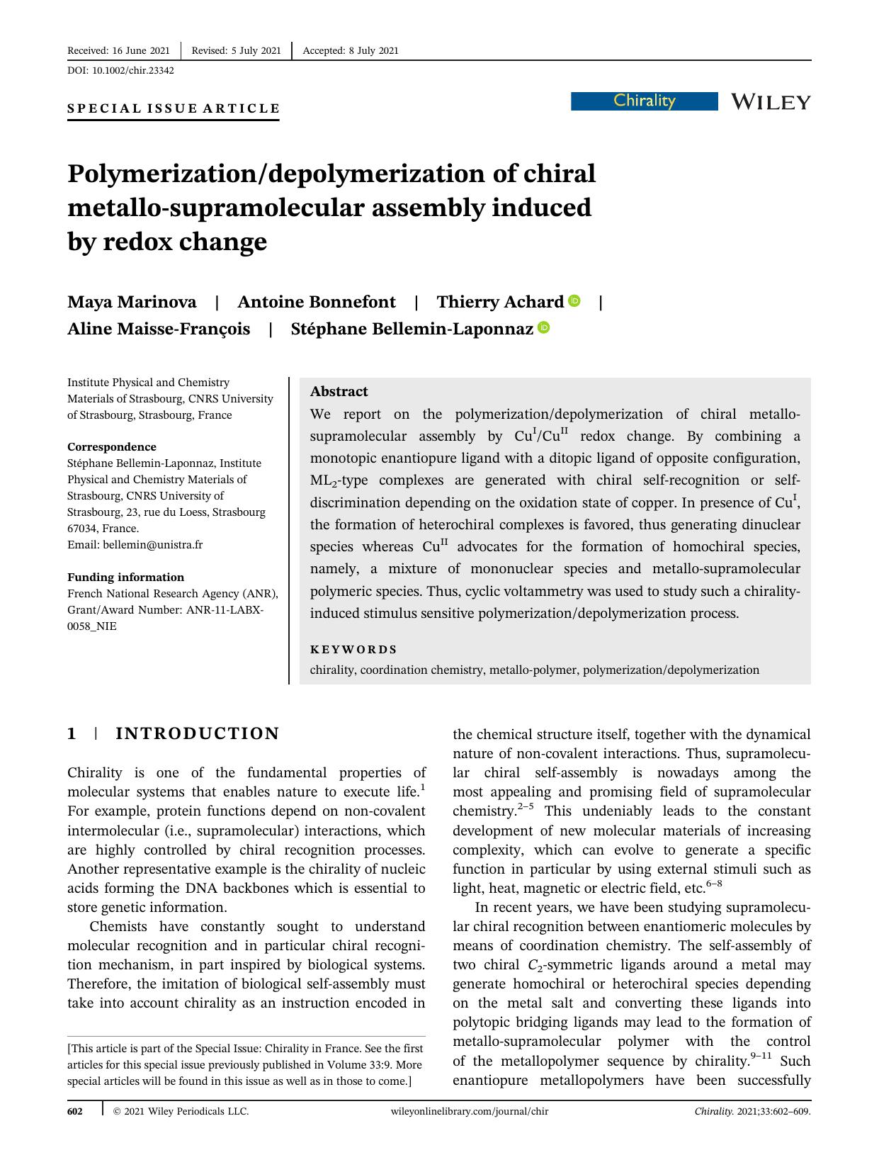 Polymerizationdepolymerization of chiral metalloâsupramolecular assembly induced by redox change by unknow