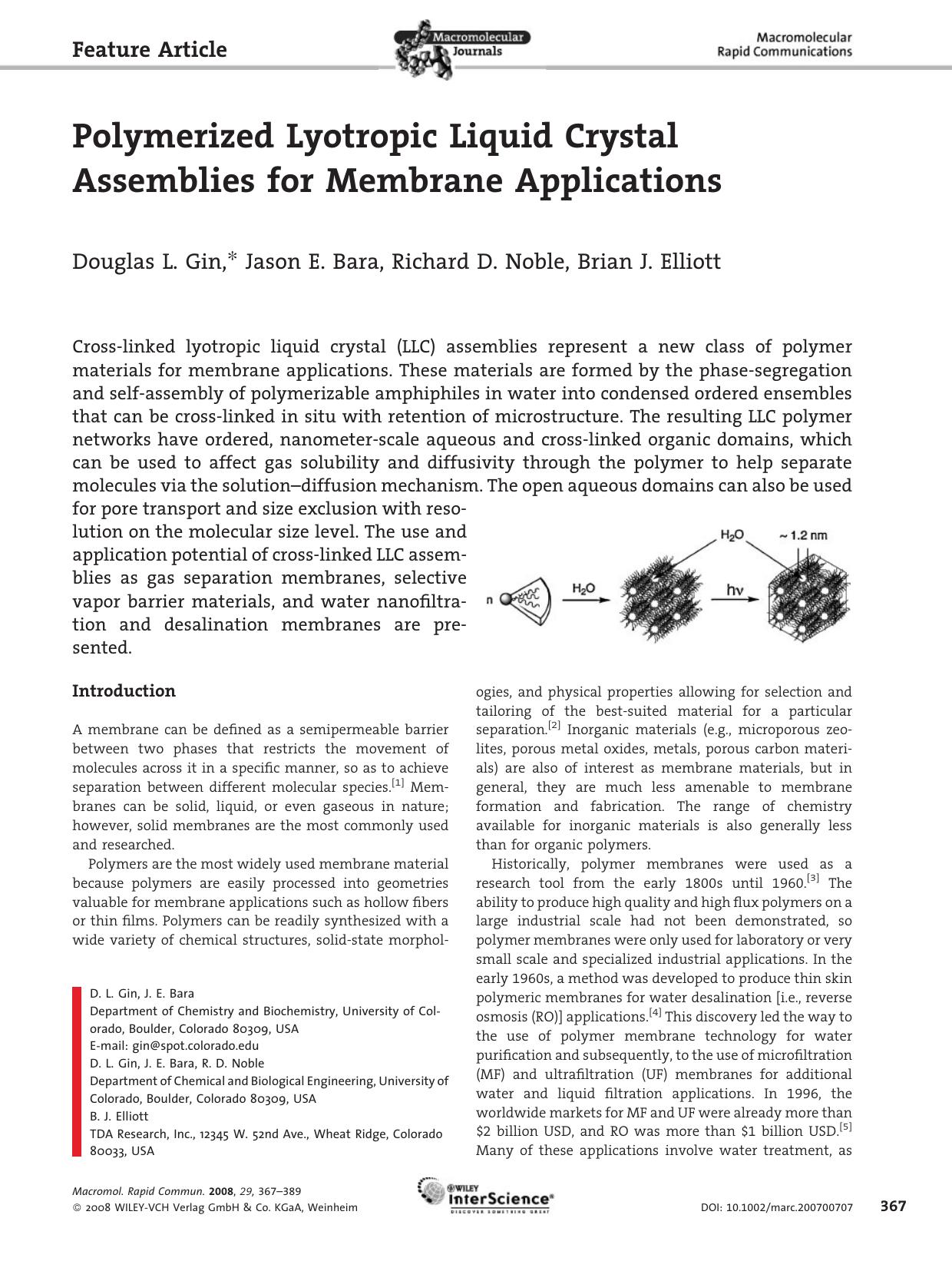 Polymerized Lyotropic Liquid Crystal Assemblies for Membrane Applications by Unknown