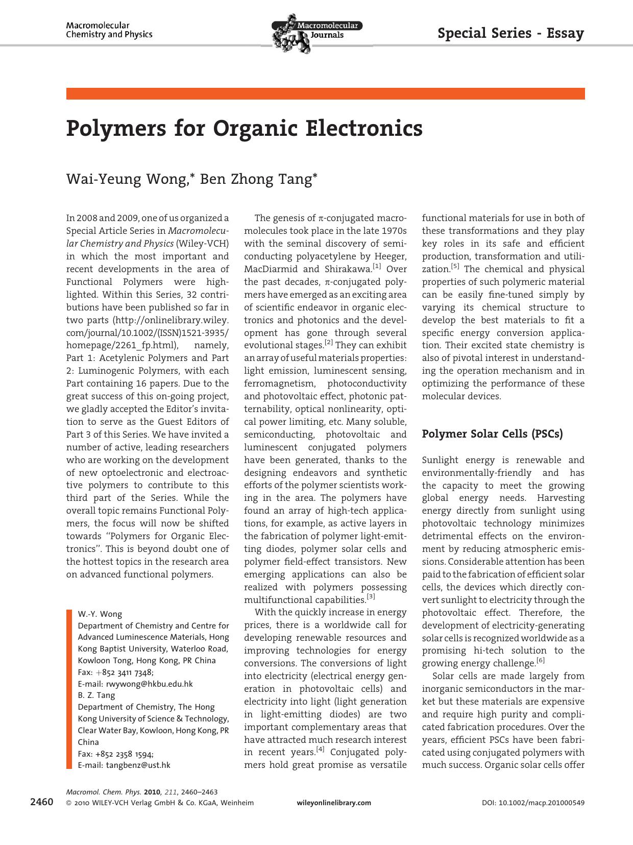 Polymers for Organic Electronics by Unknown