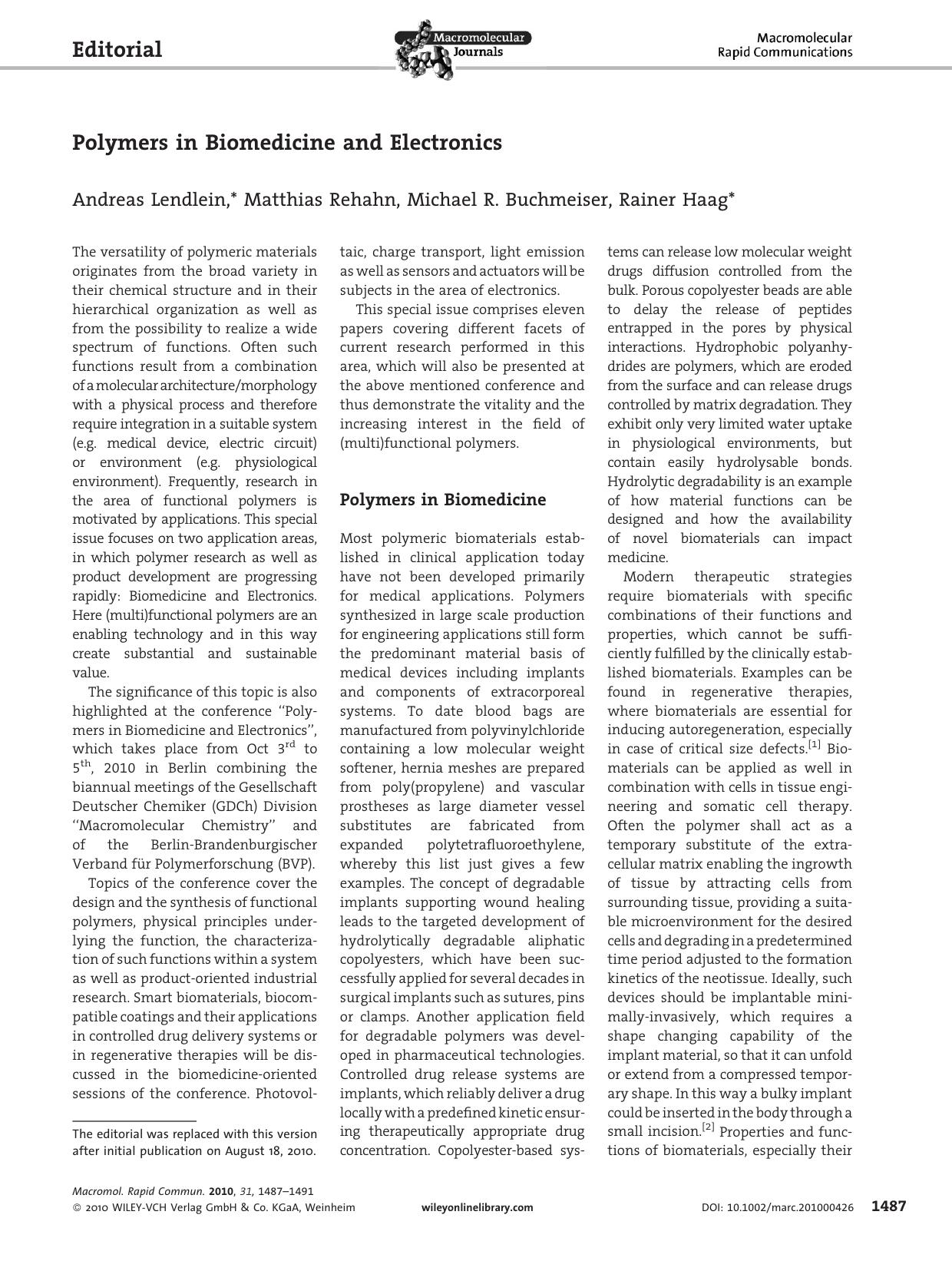 Polymers in Biomedicine and Electronics by Unknown