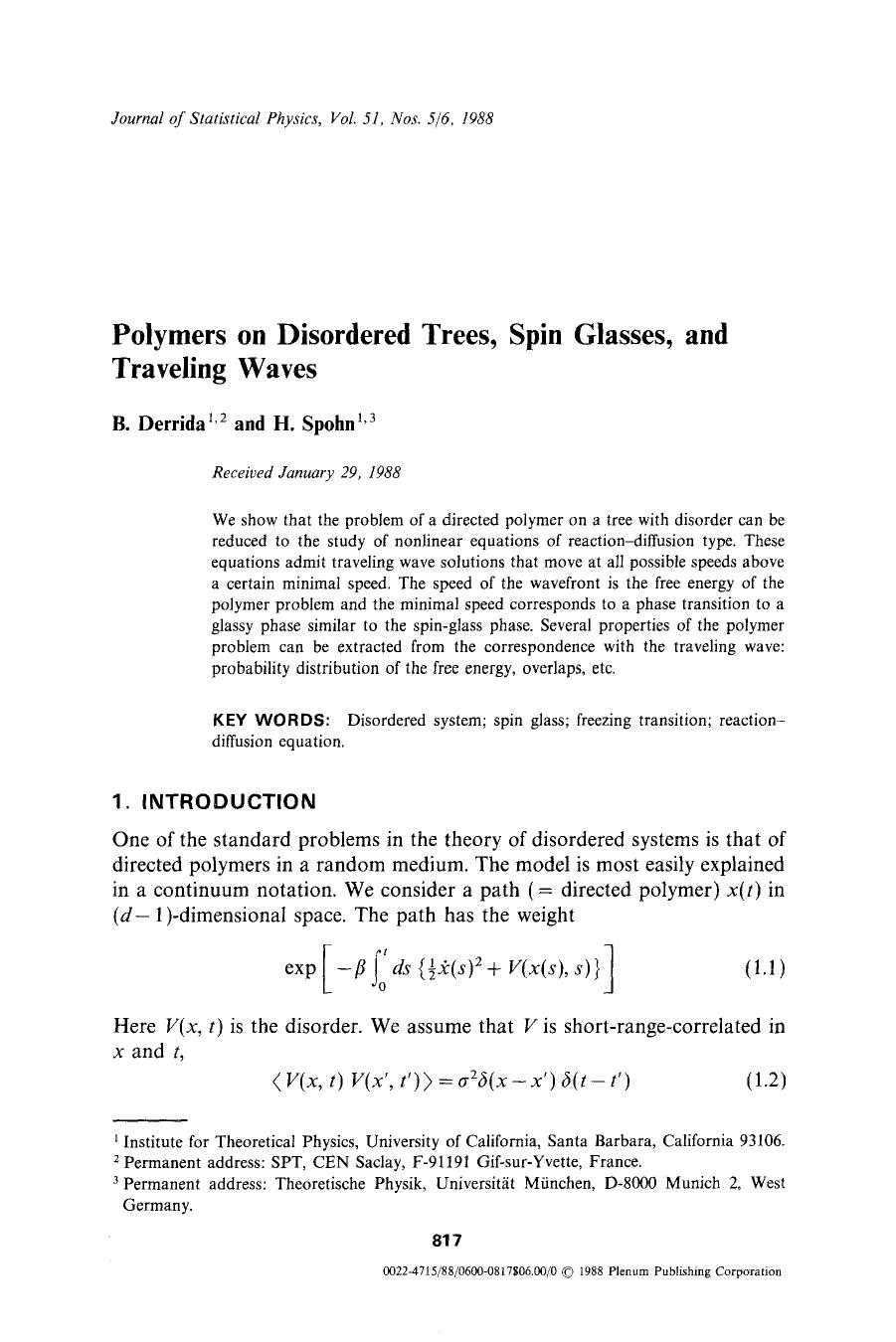 Polymers on disordered trees, spin glasses, and traveling waves by Unknown
