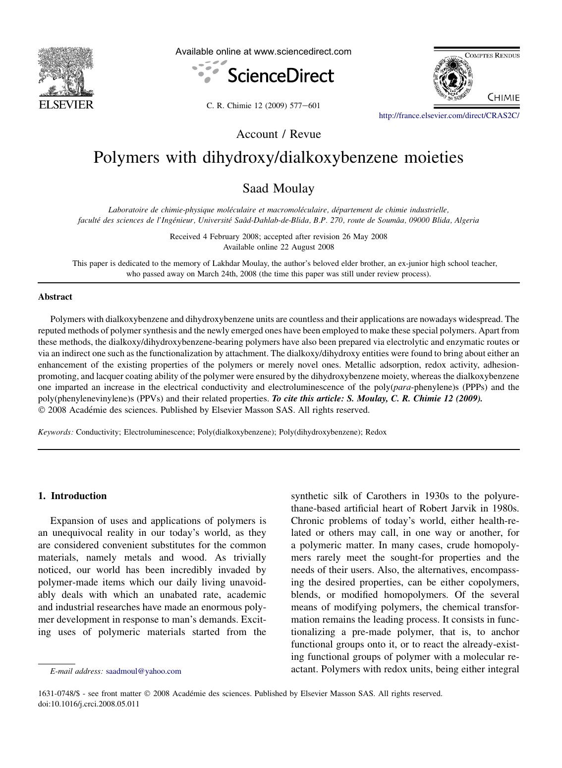 Polymers with dihydroxydialkoxybenzene moieties by Saad Moulay