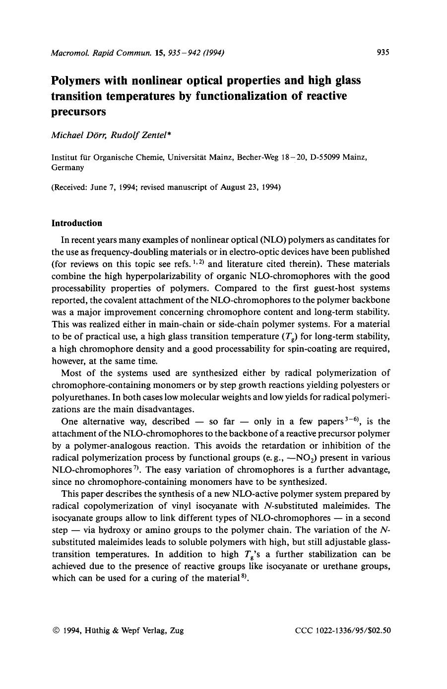 Polymers with nonlinear optical properties and high glass transition temperatures by functionalization of reactive precursors by Unknown