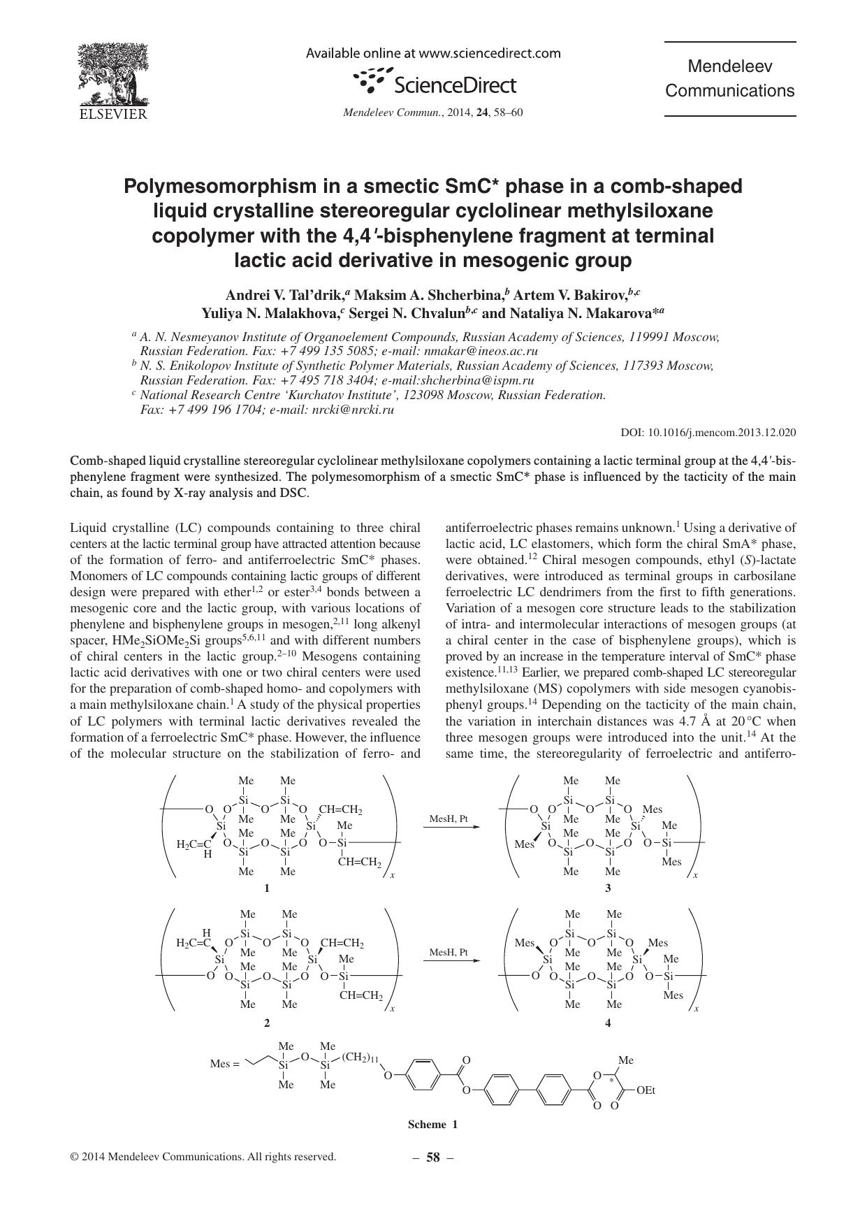Polymesomorphism in a smectic SmC* phase in a comb-shaped liquid crystalline stereoregular cyclolinear methylsiloxane copolymer with the 4,4â-bisphenylene fragment at terminal la by unknow