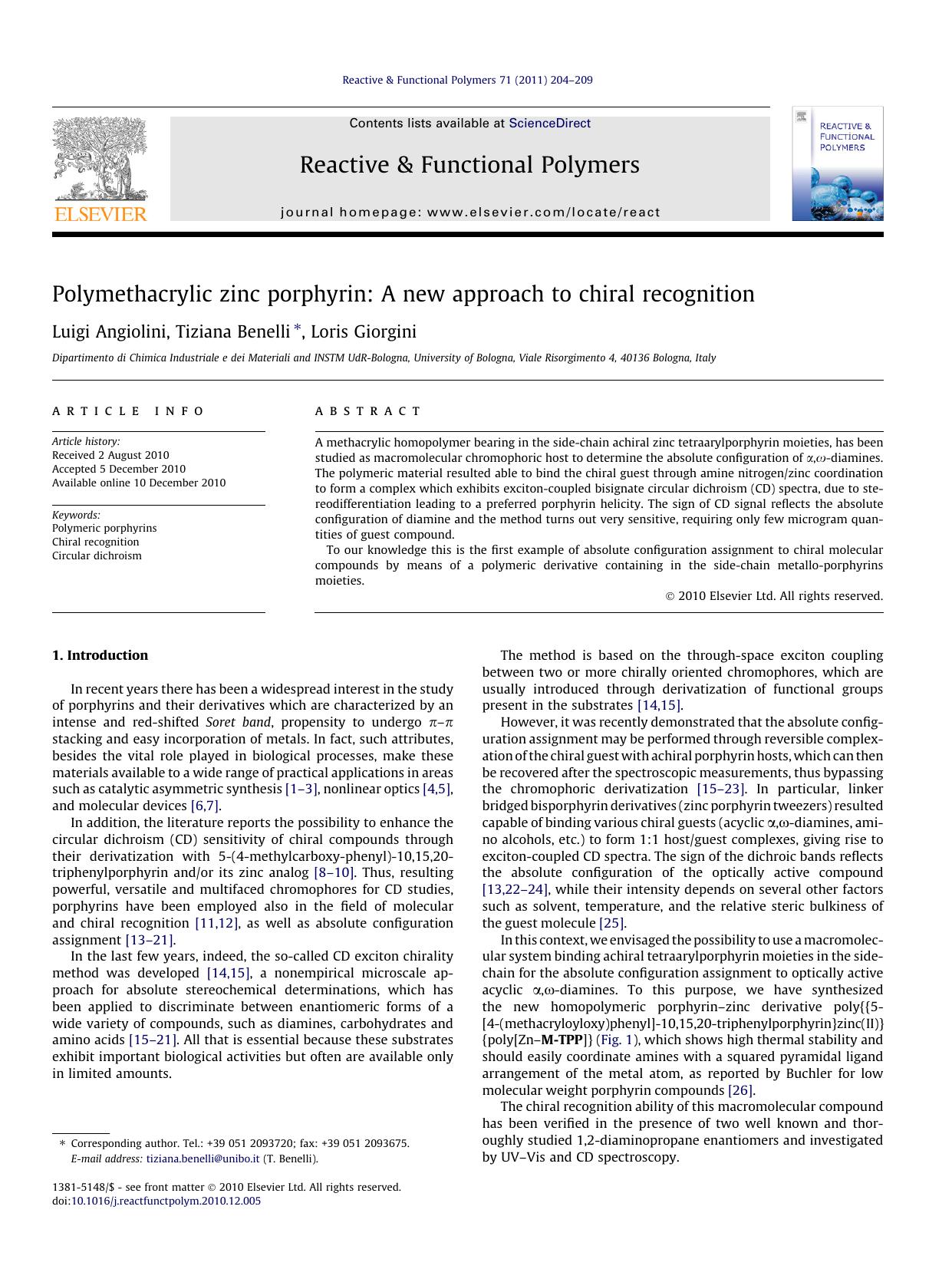 Polymethacrylic zinc porphyrin: A new approach to chiral recognition by Luigi Angiolini & Tiziana Benelli & Loris Giorgini