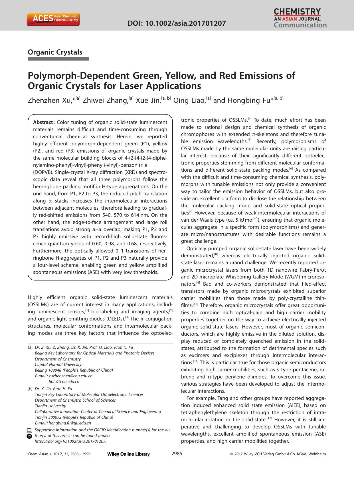 PolymorphâDependent Green, Yellow, and Red Emissions of Organic Crystals for Laser Applications by Unknown