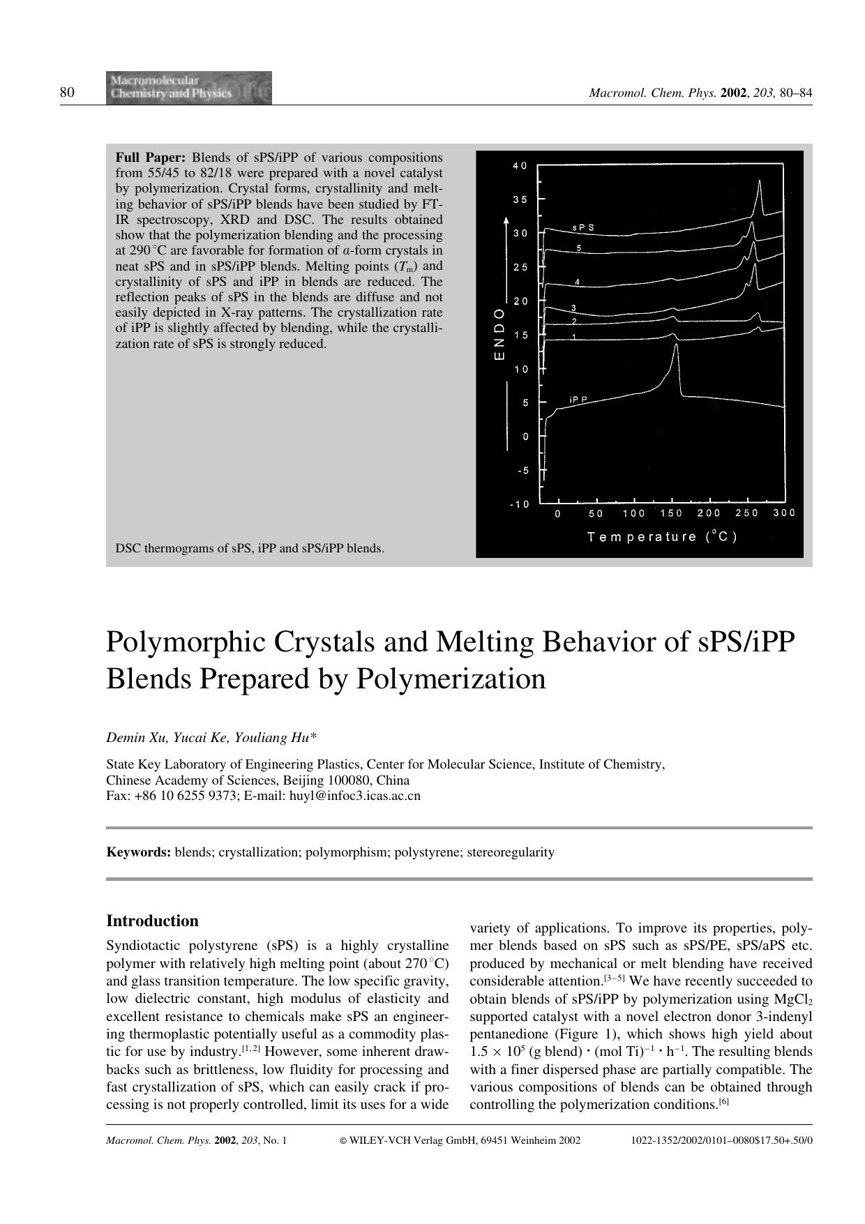 Polymorphic Crystals and Melting Behavior of sPSiPP Blends Prepared by Polymerization by Unknown