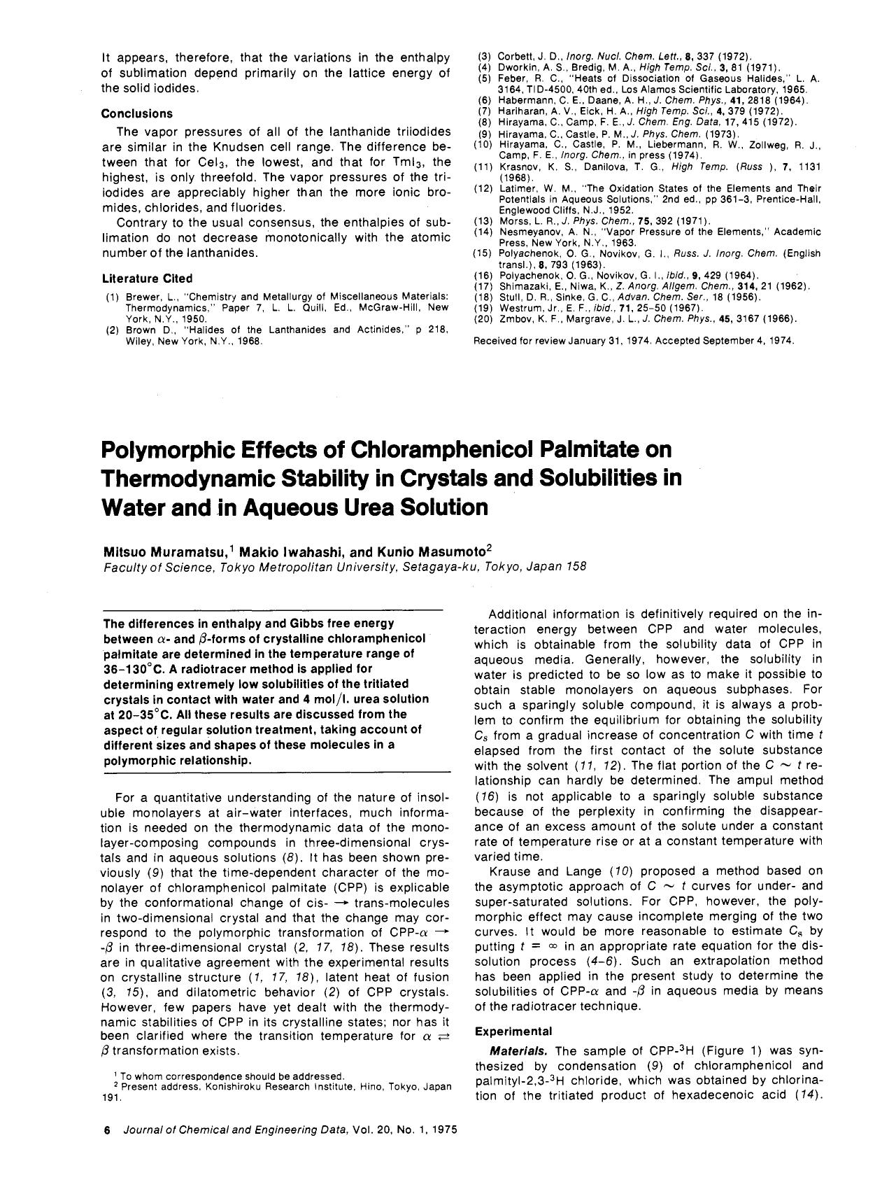 Polymorphic effects of chloramphenicol palmitate on thermodynamic stability in crystals and solubilities in water and in aqueous urea solution by Mitsuo Muramatsu Makio Iwahashi Kunio Masumoto