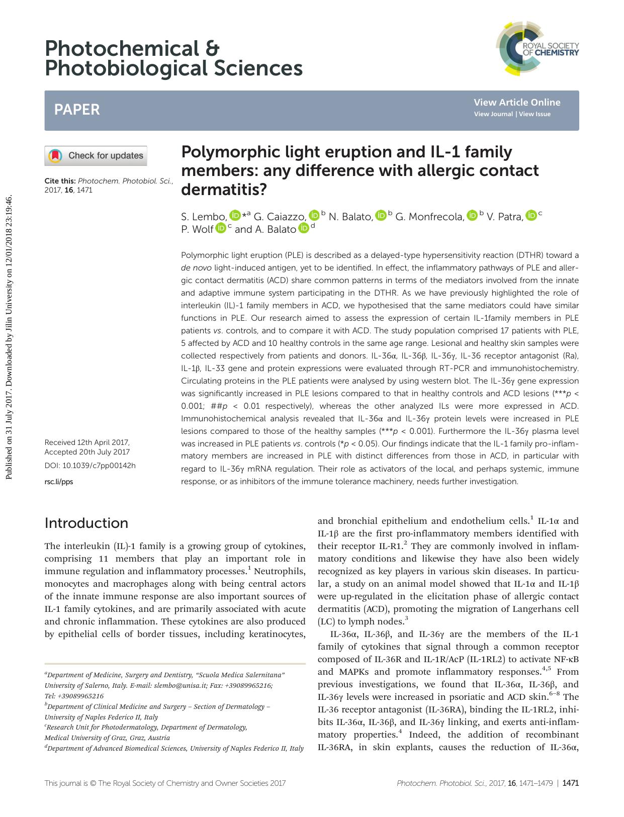 Polymorphic light eruption and IL-1 family members: any difference with allergic contact dermatitis? by S. Lembo G. Caiazzo N. Balato G. Monfrecola V. Patra P. Wolf A. Balato