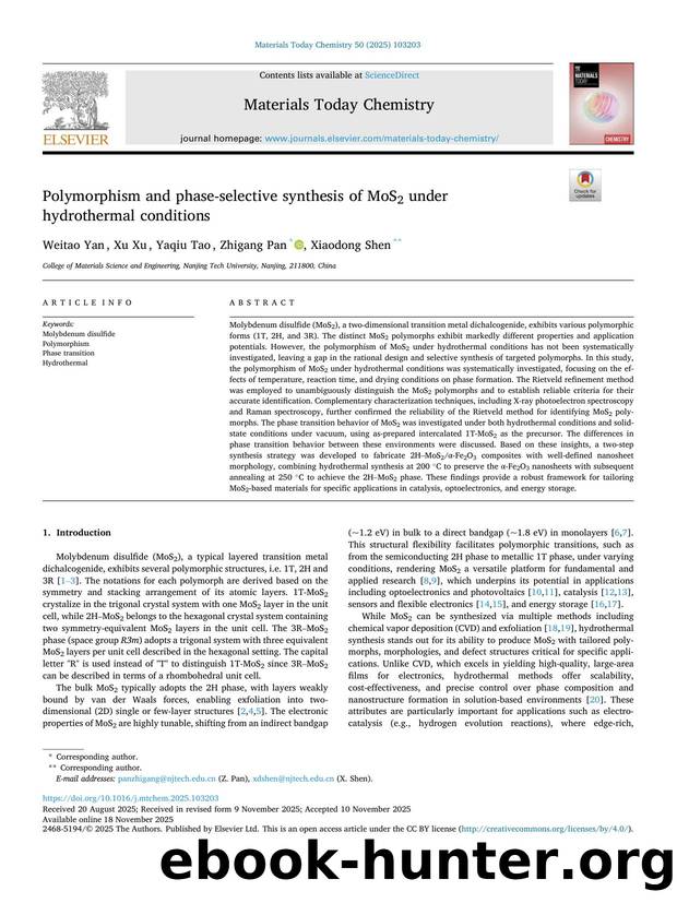 Polymorphism and phase-selective synthesis of MoS2 under hydrothermal conditions by Weitao Yan & Xu Xu & Yaqiu Tao & Zhigang Pan & Xiaodong Shen