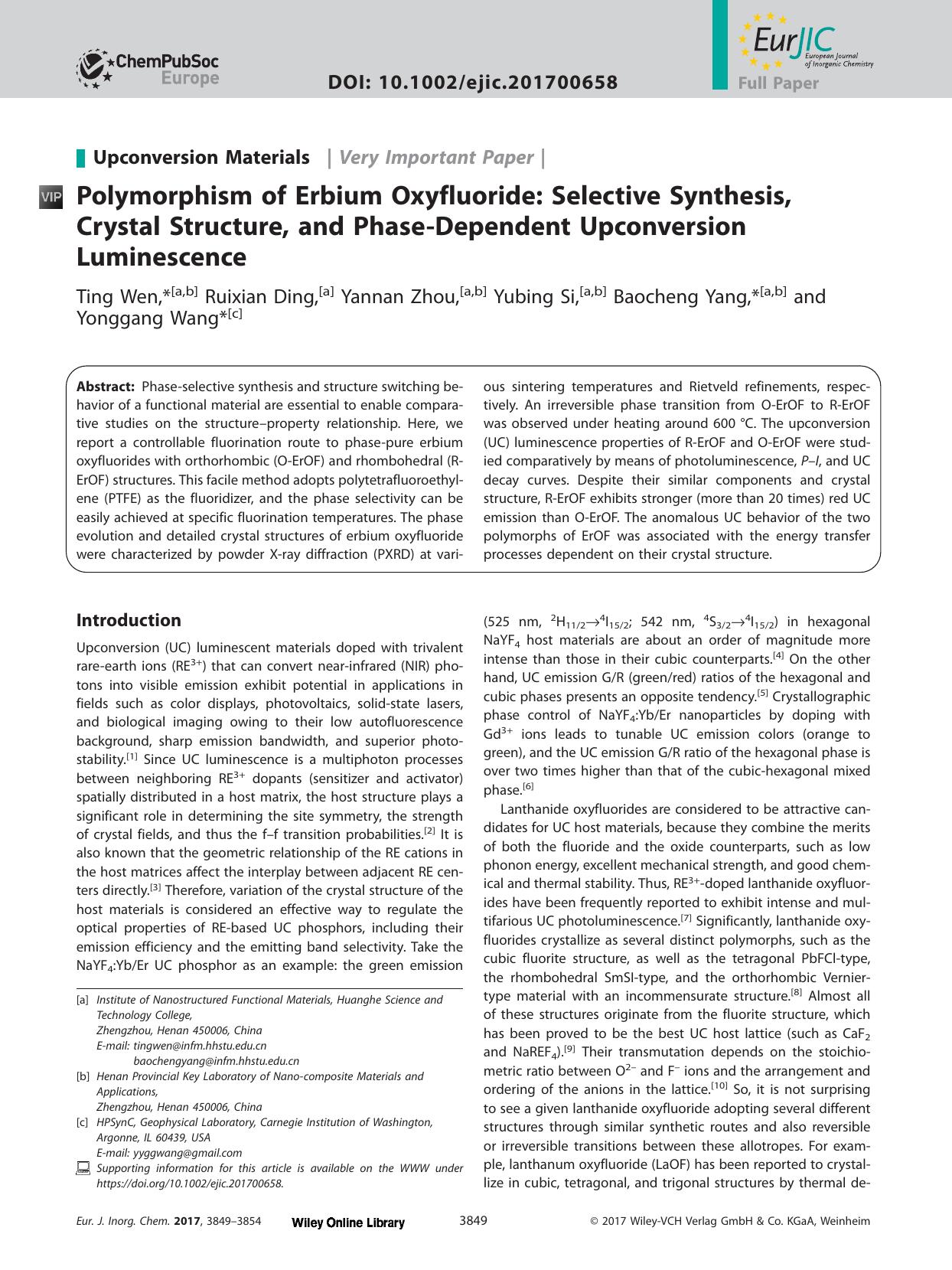 Polymorphism of Erbium Oxyfluoride: Selective Synthesis, Crystal Structure, and Phase‐Dependent Upconversion Luminescence by Unknown