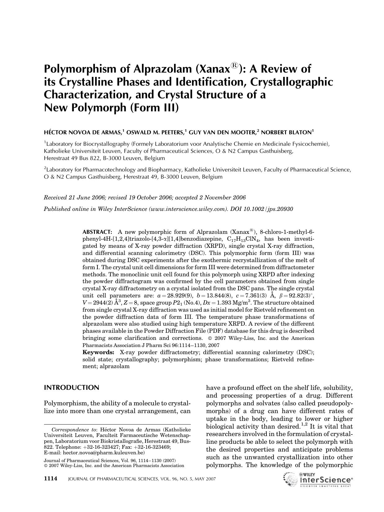 Polymorphism of alprazolam (XanaxÂ®): A review of its crystalline phases and identification, crystallographic characterization, and crystal structure of a new polymorph (form III) by Unknown