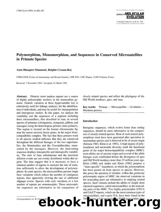 Polymorphism, monomorphism, and sequences in conserved microsatellites in primate species by Unknown