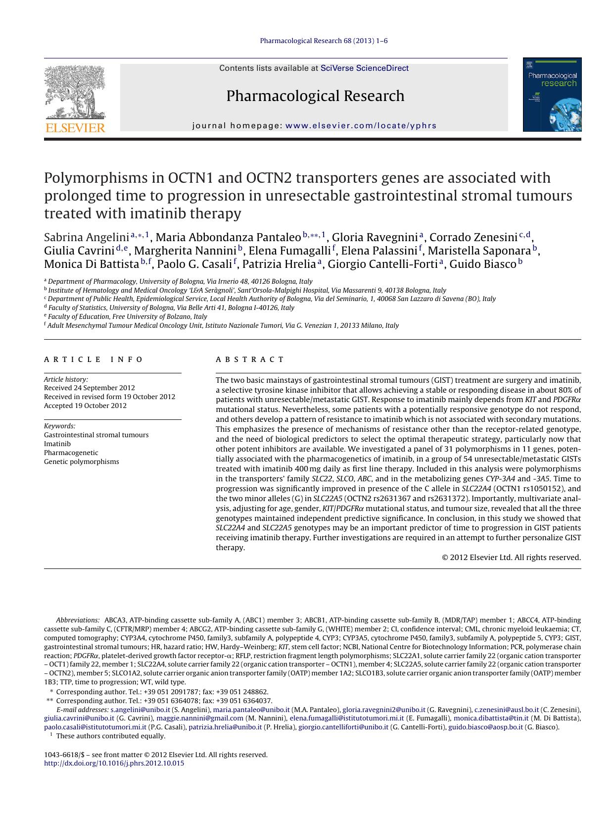 Polymorphisms in OCTN1 and OCTN2 transporters genes are associated with prolonged time to progression in unresectable gastrointestinal stromal tumours treated with imatinib therapy by Sabrina Angelini