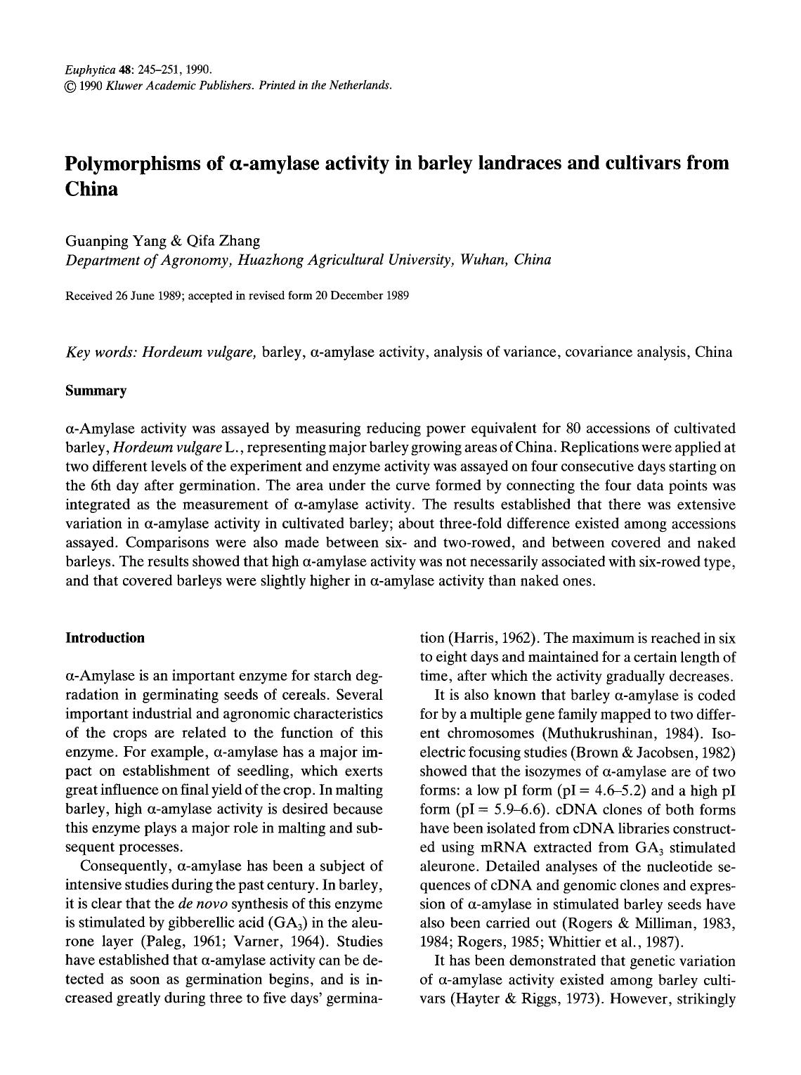 Polymorphisms of &#x03B1;-amylase activity in barley landraces and cultivars from China by Unknown